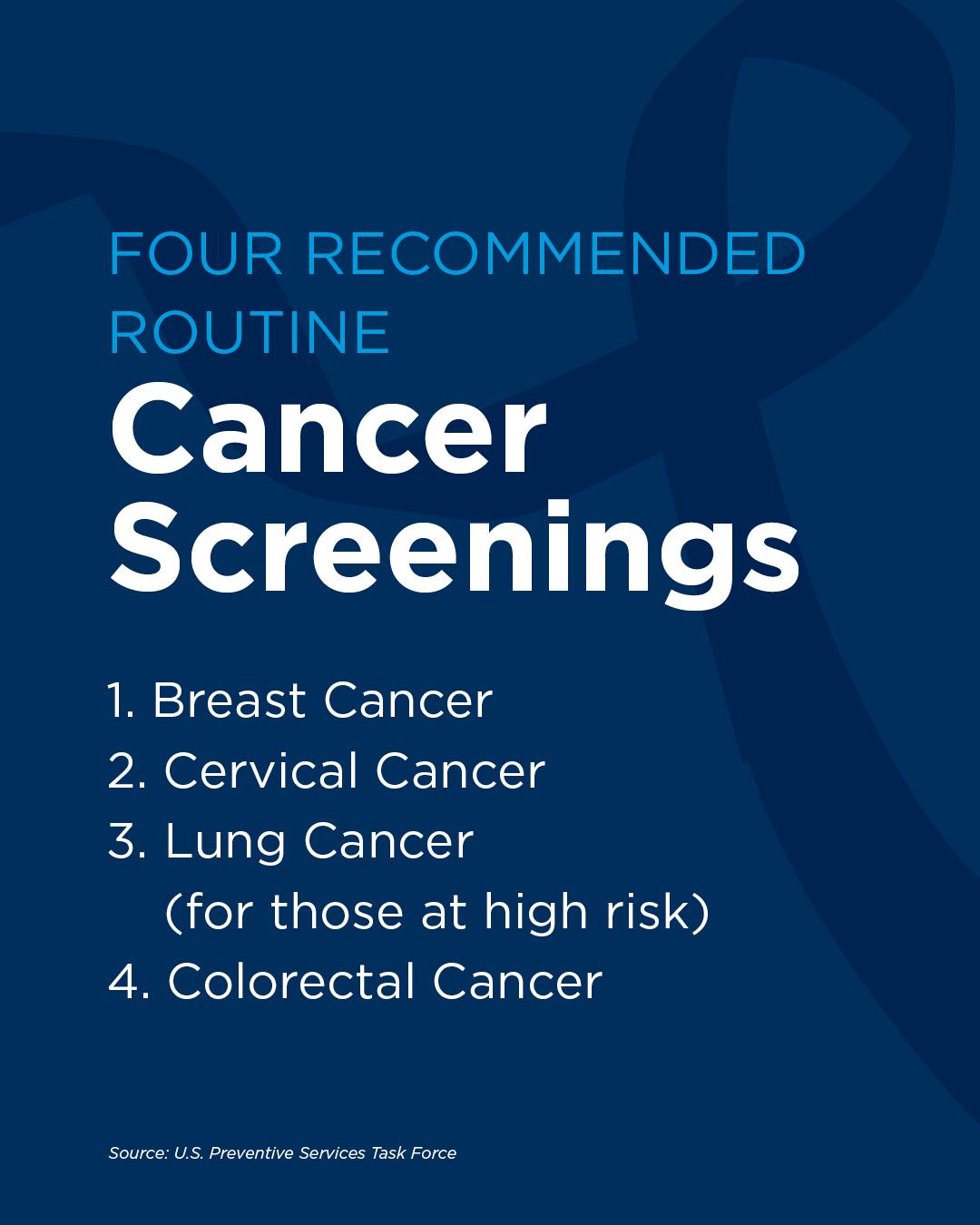 When it comes to preventing cancer, screening increases the chance that you'll catch any cancer early, when it's easier to treat. The U.S. Preventive Services Task Force recommends routine screenings for these four cancers. Speak with your healthcare provider for more information and to see what screenings are right for your needs. #CancerPrevention #HealthyLiving
