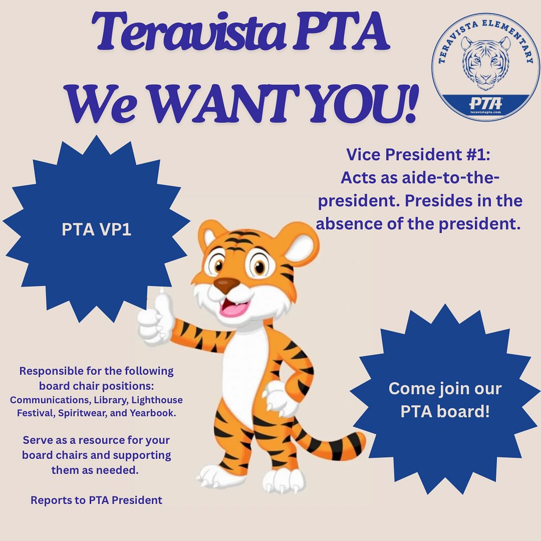 We are looking for a volunteer to serve as VP1.
Email us at president@teravistapta.com for more info about serving on our PTA board!