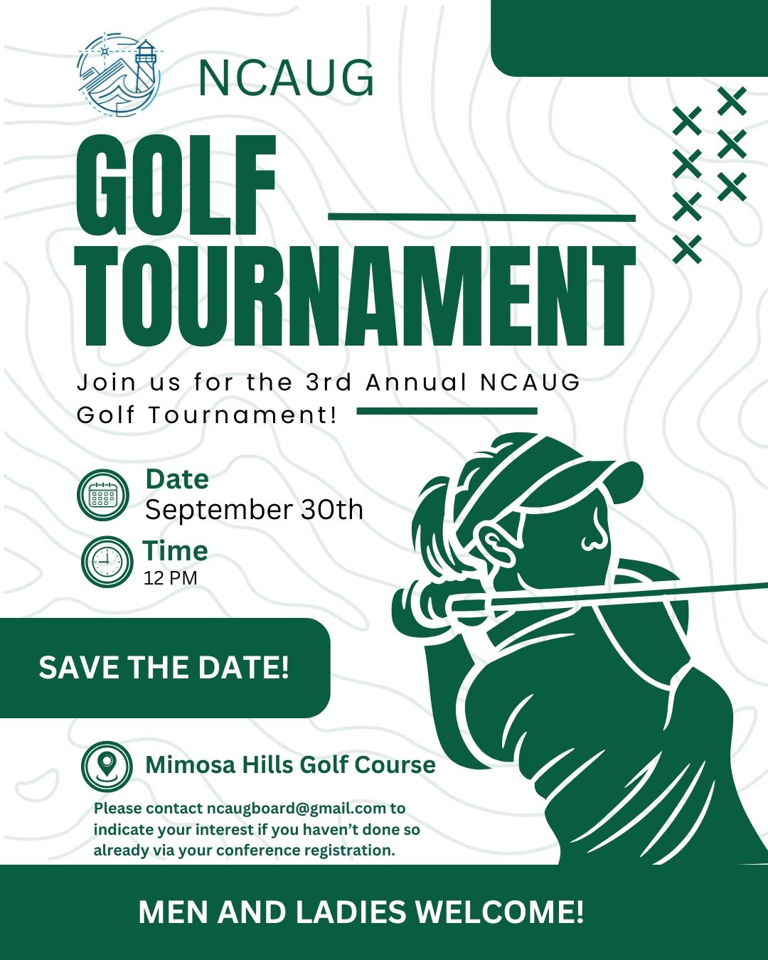 ๐๏ธโโ๏ธ๐๏ธโโ๏ธ Get ready to tee off! โณ๏ธ
Weโre excited to announce the 3rd Annual NCAUG Golf Tournament! ๐
Whether youโre a seasoned pro or just out for fun, this is your chance to network, relax, and enjoy a great day on the green with fellow GIS professionals. ๐ฟ
๐ Mimosa Hills Golf Course
๐งPlease email ncaugboard@gmail.com to indicate your interest if you haven't done so via your conference registration
โฐ Start practicing your swing โ men and women are all encouraged to play! ๐
Grab your golf buddy and get ready to hit the links!