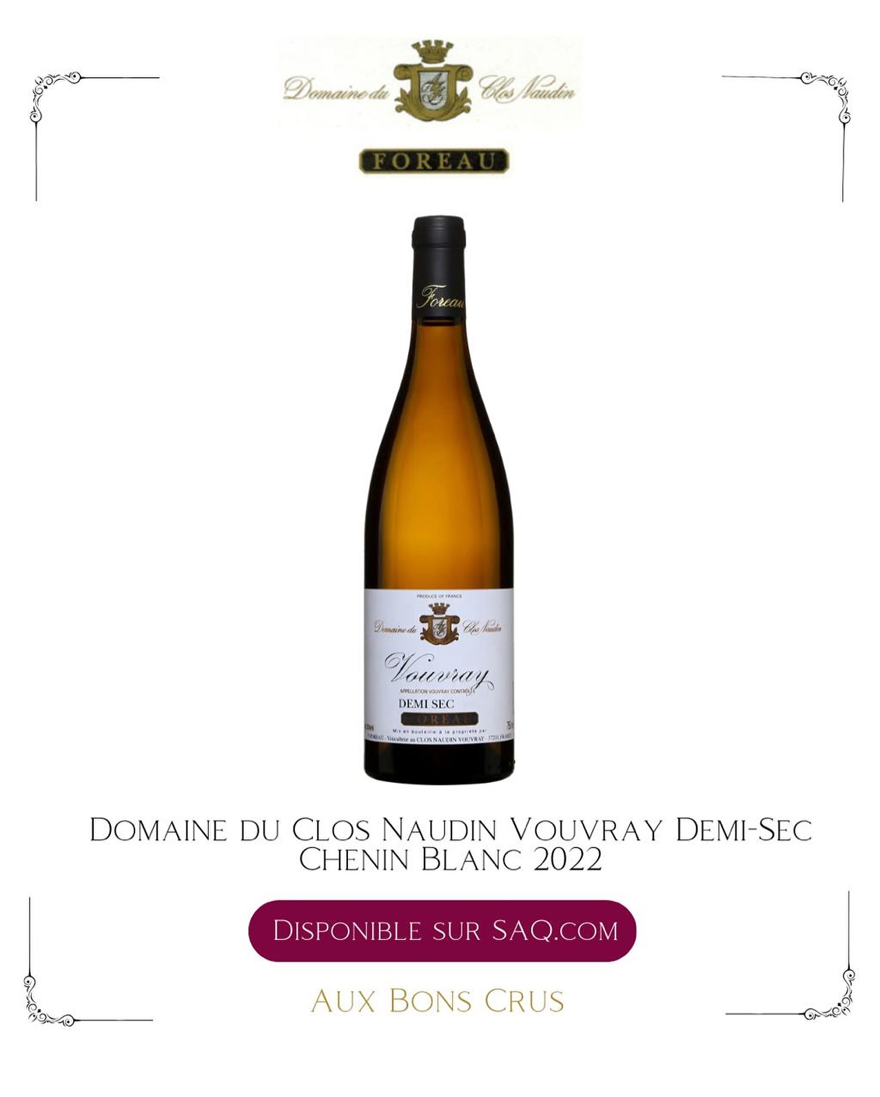 Vouvray Demi-Sec Chenin Blanc 2022 Domaine du Clos Naudin disponible sur SAQ.com
🍇 Chenin Blanc 100%
🍷 vin ciselé et racé, aux arômes floraux et de fruits blancs (poire, coing), soutenus par une minéralité crayeuse. En bouche, l’équilibre est superbe entre une fine sucrosité et une trame acide dynamique, donnant une sensation de fraîcheur persistante et saline.
⌛ à déguster dès maintenant et dans les 10 prochaines années
🍴parfait avec une volaille aux agrumes, des sushis, un curry végétarien ou encore une tarte fine aux poires et amandes.