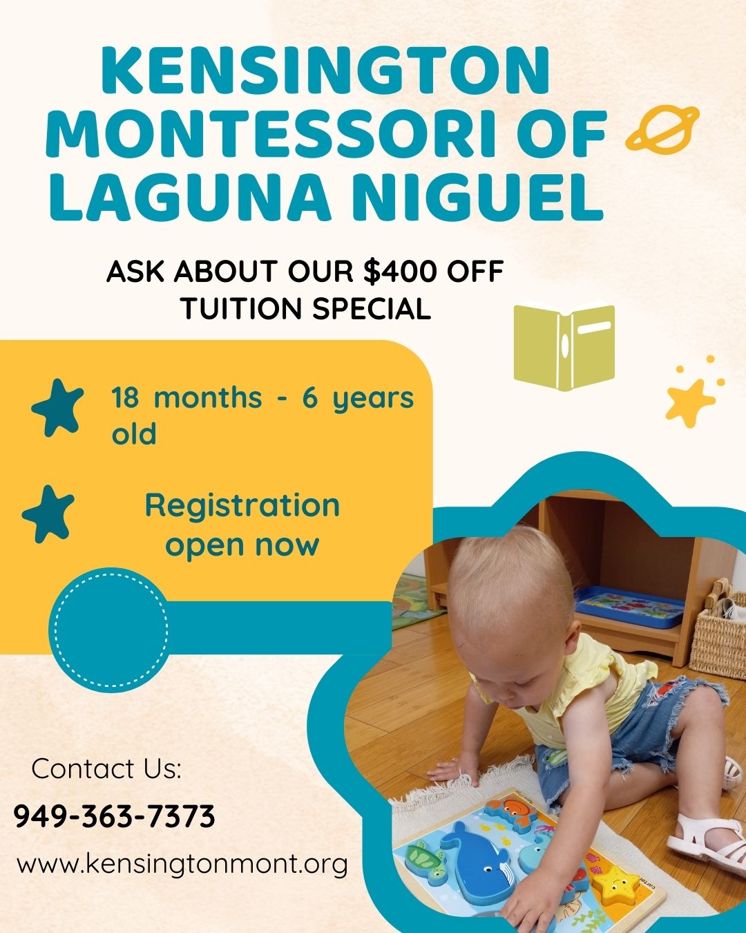 KENSINGTON MONTESSORI is now enrolling children ages 18 months-6 years old! Ask about our special of $400 off the second month tuition!
(949)363-7373
www.kensingtonmont.org
#lagunaniguelpreschool
#lagunaniguelmontesori
#montessoritodderprogram