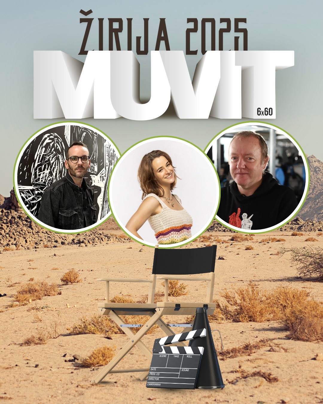 Spoznaj letošnje MUVIT/6x60 žirante!
Žirija se zbere naslednje jutro, ki sledi 60-urni tekmi za letošnje najboljše kratke filme.
Za razliko od ekip, nimajo časovne omejitve – odločajo se lahko tako dolgo, dokler ne najdejo zmagovalcev.
Kako bo padla odločitev?
Pridi pogledat in uživat v nepozabnem filmskem večeru, v petek, 22. 8. 2025, ob 20.00 v Kino Šiška.