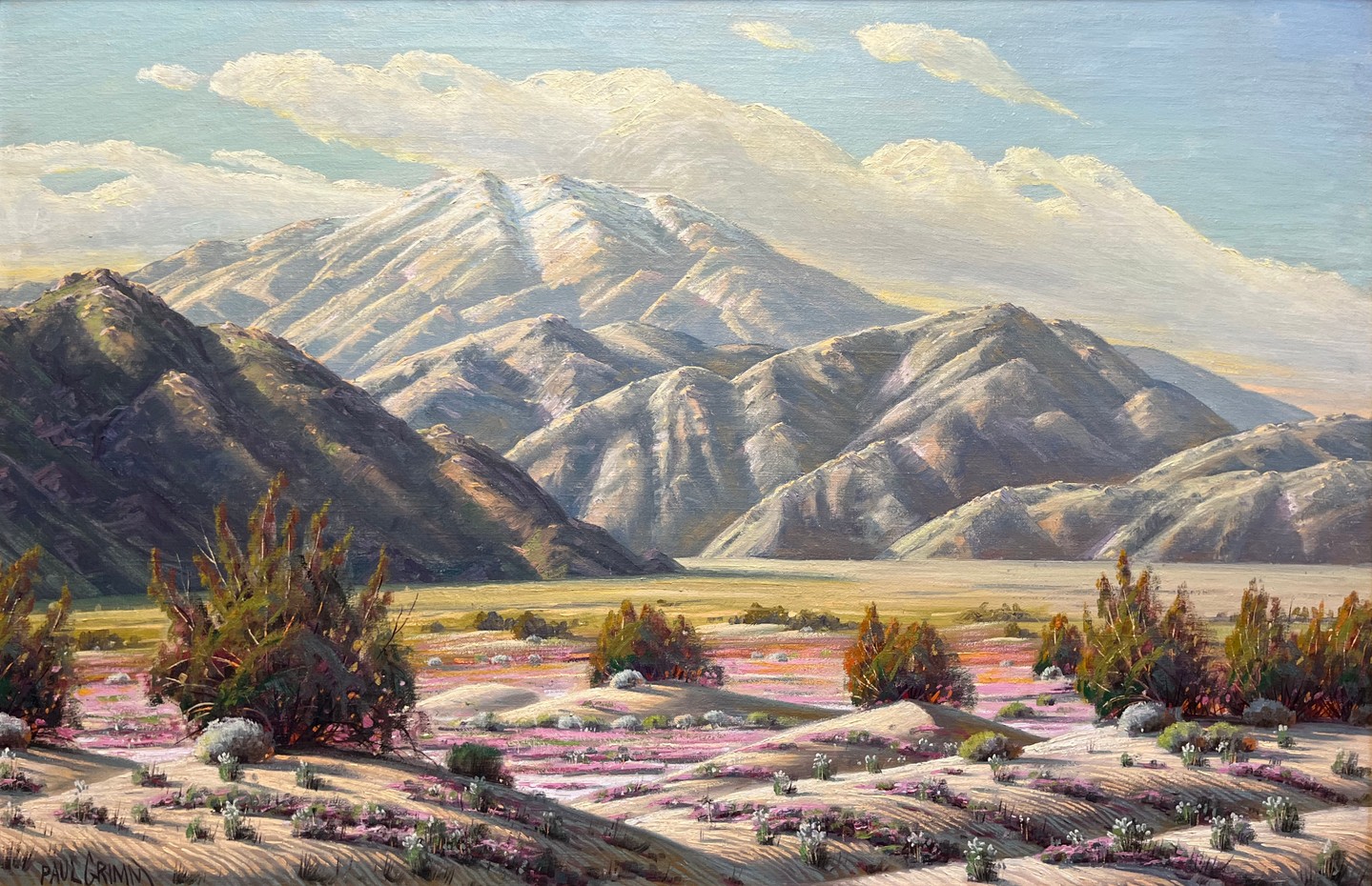 🔥 Grand Unveiling in 2 Days!
Scenic Route: A Half-Century of California Discovery, 1900–1950
August 16 - October 11
Take a journey through California the way it was 100 years ago!
We cordially invite you to join us for a special reception celebrating our new exhibition, Scenic Route: A Half-Century Of California Discovery, 1900-1950.
Private Opening Reception: Friday, August 15 at 5pm
�Your presence will make this event even more exceptional.
Scenic Route invites viewers on a visual voyage through the Golden State, as seen through the eyes of early California artists who traveled by foot, rail, horse, and automobile to capture the state’s evolving terrain. From the sun-washed deserts, dramatic Pacific Coast, and majestic forests to the rolling valleys, inland waterways, and iconic landmarks such as Yosemite, Mount Shasta, Palm Springs, and the Sierra Nevada, these works document a California both timeless and rapidly changing.
Painting by Paul Grimm (1891-1974)
Mount San Jacinto with Desert Bloom, c. 1950
Oil on canvas, 24" x 36"