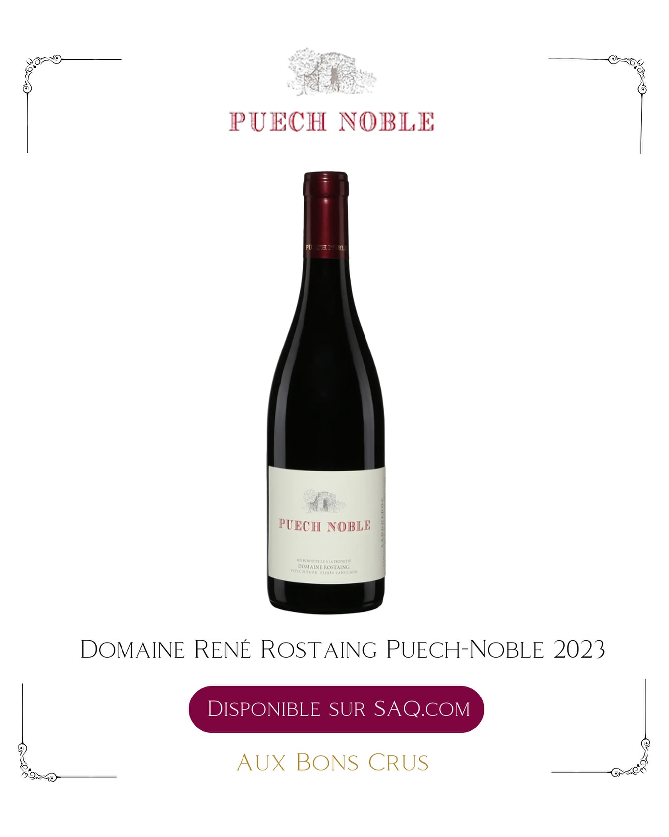 Puech Noble rouge 2023 du Domaine René Rostaing disponible sur SAQ.com
🍇 syrah 80 %, grenache noir 10 %, mourvèdre 10 %
🍷 sa robe rubis profond précède un nez riche en fruits noirs mûrs, rehaussé d’épices et d’une touche de garrigue. En bouche, sa structure est ample et soyeuse, toujours animée d’une fraîcheur équilibrante et ponctuée d’une longue finale poivrée.
⌛ à déguster dès maintenant ou dans les 3 à 5 prochaines années
🍴 côte de bœuf au barbecue, spaghetti alla puttanesca