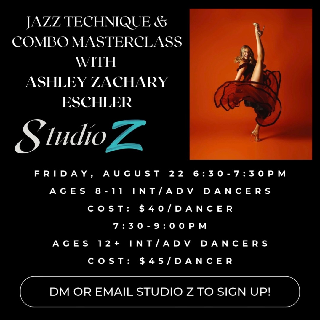 β¨ Join Us for a Jazz Technique & Combo Masterclass with Ashley Zachary Eschler β¨
? Friday, August 22
6:30β7:30 pm | Ages 8β11 Int/Adv | \$40/dancer
7:30β9:00 pm | Ages 12+ Int/Adv | \$45/dancer
? From Indy to the world stage, Ashleyβs journey spans Radio City Rockette β¨, Kanye Westβs Dark Fantasy Tour ?, and performances across the US, Canada, and China ?. An award-winning choreographer & master teacher, she blends her passion for dance and fitness to inspire the next generation.