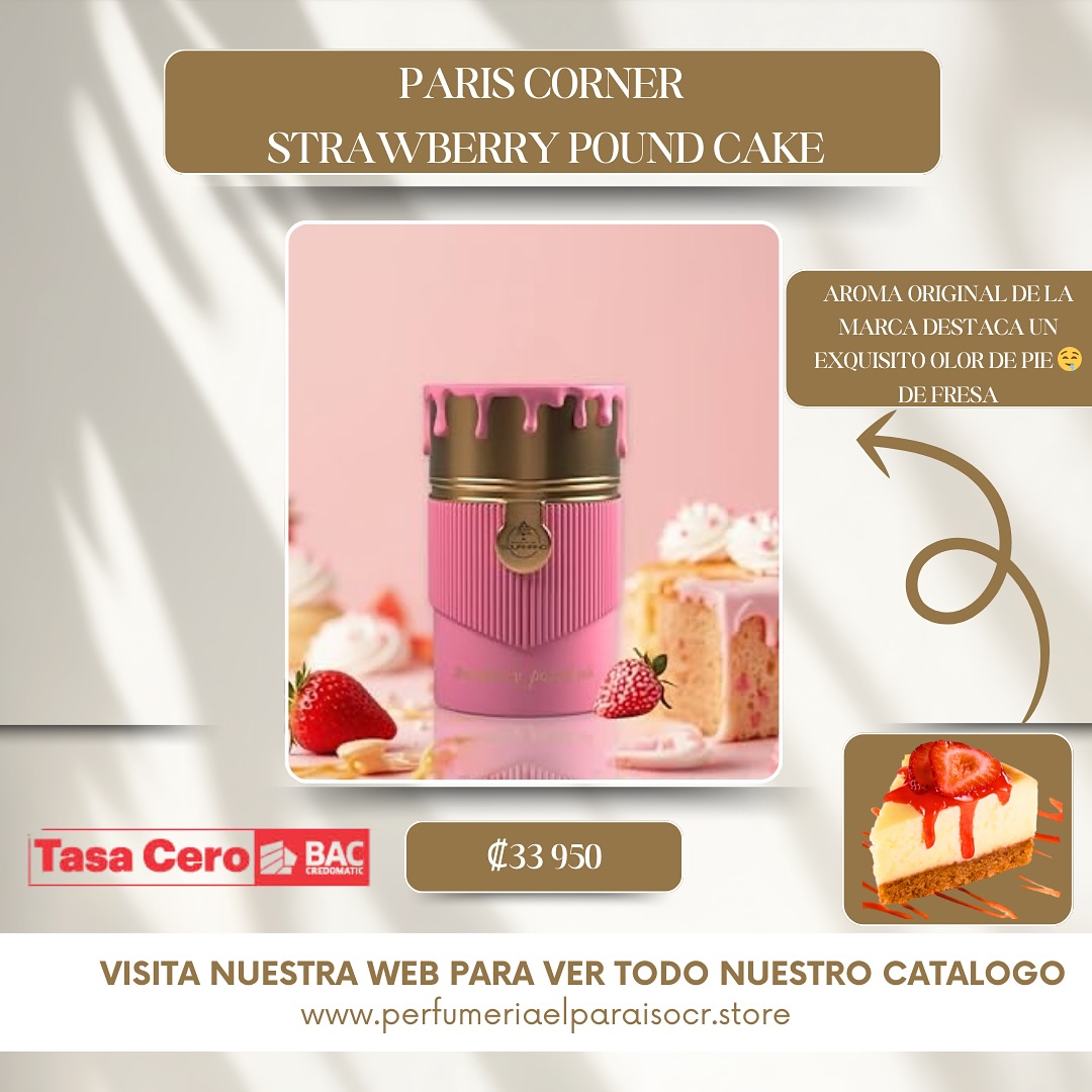 🍓✨ Un dulce capricho convertido en perfume ✨🍓
El nuevo Strawberry Pound Cake de Paris Corner (2025) es una fragancia floral afrutada gourmand que conquista desde el primer instante.
Su salida deliciosa de fresa, limón y café abre paso a un corazón sofisticado de almizcle de cachemira, azahar y violeta, para envolverte finalmente en un fondo adictivo de vainilla, leche y almizcle.
💖 Una experiencia olfativa única, donde lo dulce, lo floral y lo cremoso se funden en el perfume más tentador y femenino del año.