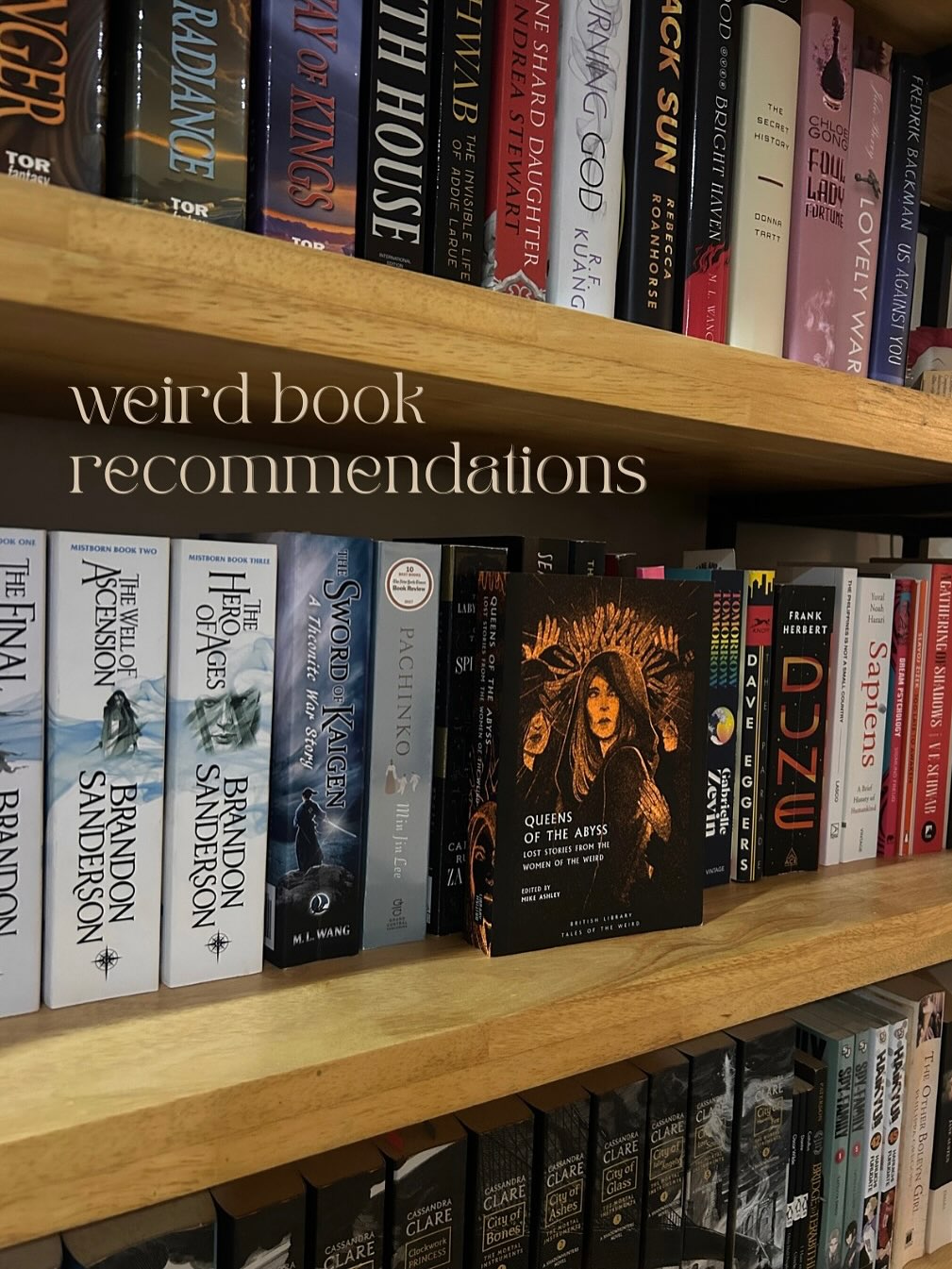 — 6 weird books i liked + an appreciation post
featuring: Queens of the Abyss; Edited by Mike Ashley
my friend brought this book back for me from The British Library.
despite not being an avid reader, he managed to find a book that is exactly like something i would be interested in. i’ve never heard of it beforehand but after reading what it was about, i would have picked it up for myself. friends who know you not because you tell them specifically but because they listen are their own kind of beauty.
this book is an anthology of gothic stories published in the UK from the 19th-20th century during a time when male writers were more significantly dominating the literary feed. Queens of the Abyss is a collection of stories written by women that were overlooked, opposing the notion that it was only male writers who developed and pushed the boundaries of weird tales, with women writers simply following in their wake~
Other books mentioned:
• Thistlefoot
• Siren Queen
• The Diviners
• Middlegame
• A Sorceress Comes to Call
• Bunny