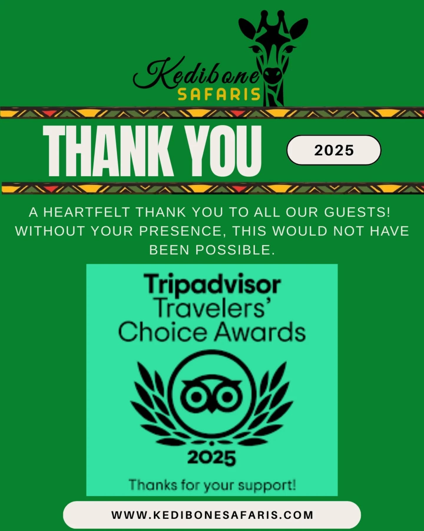 Thank you to all our guests. Without you, this would not have been possible!
#tripadvisor #travelerschoiceawards2025
#grateful #proud #kedibonesafarifamily #thankyou #safarilifestyle #wildlife #krugernationalpark
#baphalaborwa
#wedotourism #safaris
#followersinstagram
@tripadvisor
@krugernationalpark
@phalaborwa.co.za
@renataewaldwildlifephotography