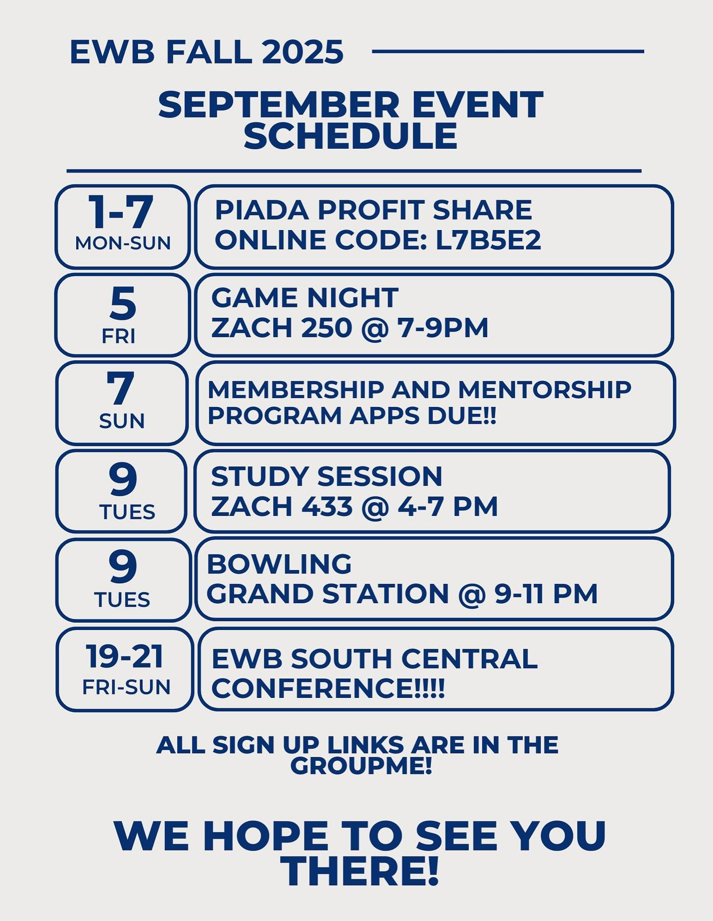 Hey EWB Aggies! Check out our events for September and make sure to sign up using the links weโve been sharing in the GroupMe. We canโt wait to see you all there!