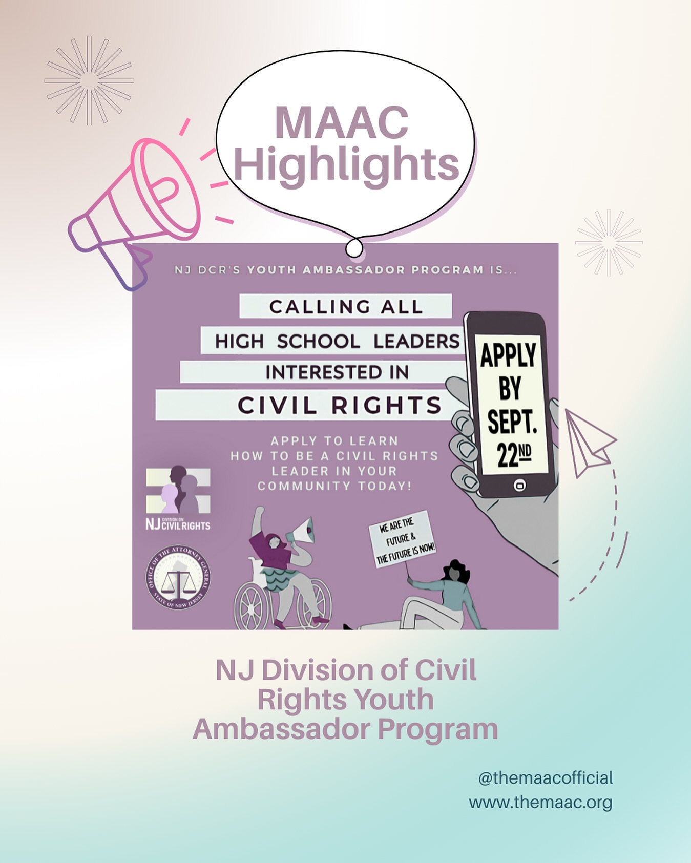 🚨 Opportunity Alert: The NJ Division of Civil Rights is calling all high school leaders!
The NJ Division of Civil Rights is seeking passionate students for the 2025–2026 Youth Ambassador Program! 💡
This 10-month program gives youth the tools to fight bias and discrimination in their communities through:
✅ Bi-monthly evening meetings
✅ Education on the Law Against Discrimination
✅ Mentorship & leadership development opportunities
📅 Applications are due Monday, September 22, 2025
🔗 Apply via the link in our bio!
🔗 Youth Ambassador Program Overview - link in bio
#CivilRights #YouthLeadership #NJYouth #ChangeMakers #DCRYouthAmbassadors #MontclairNJ #HighSchoolLeaders #njcivilrights