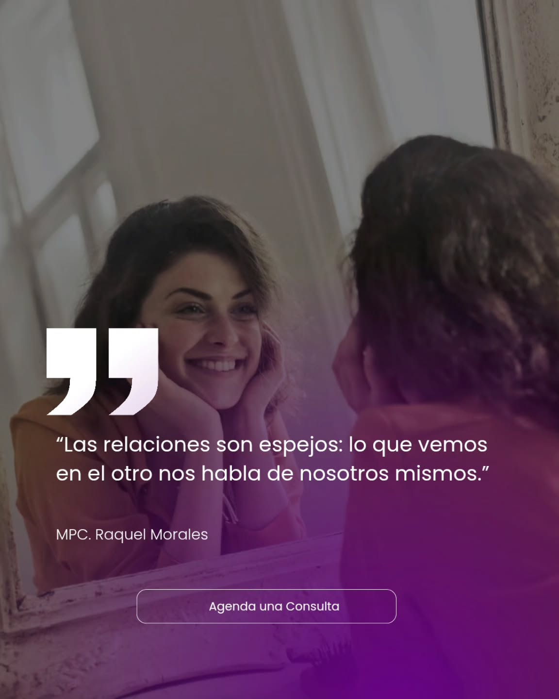 ✨ Lo que ves en el otro… es el reflejo de ti mismo.
Las relaciones no llegan por casualidad, llegan para mostrarnos lo que necesitamos sanar, aprender y crecer. 💜
¿List@ para descubrir el espejo que tus relaciones tienen para ti?
🔮 Relaciones con Sentido te acompaña a transformar tu manera de vincularte.
👉 Da el paso hoy: Agenda tu consulta y empieza a verte con nuevos ojos.
Pareja
Terapia
Consulta