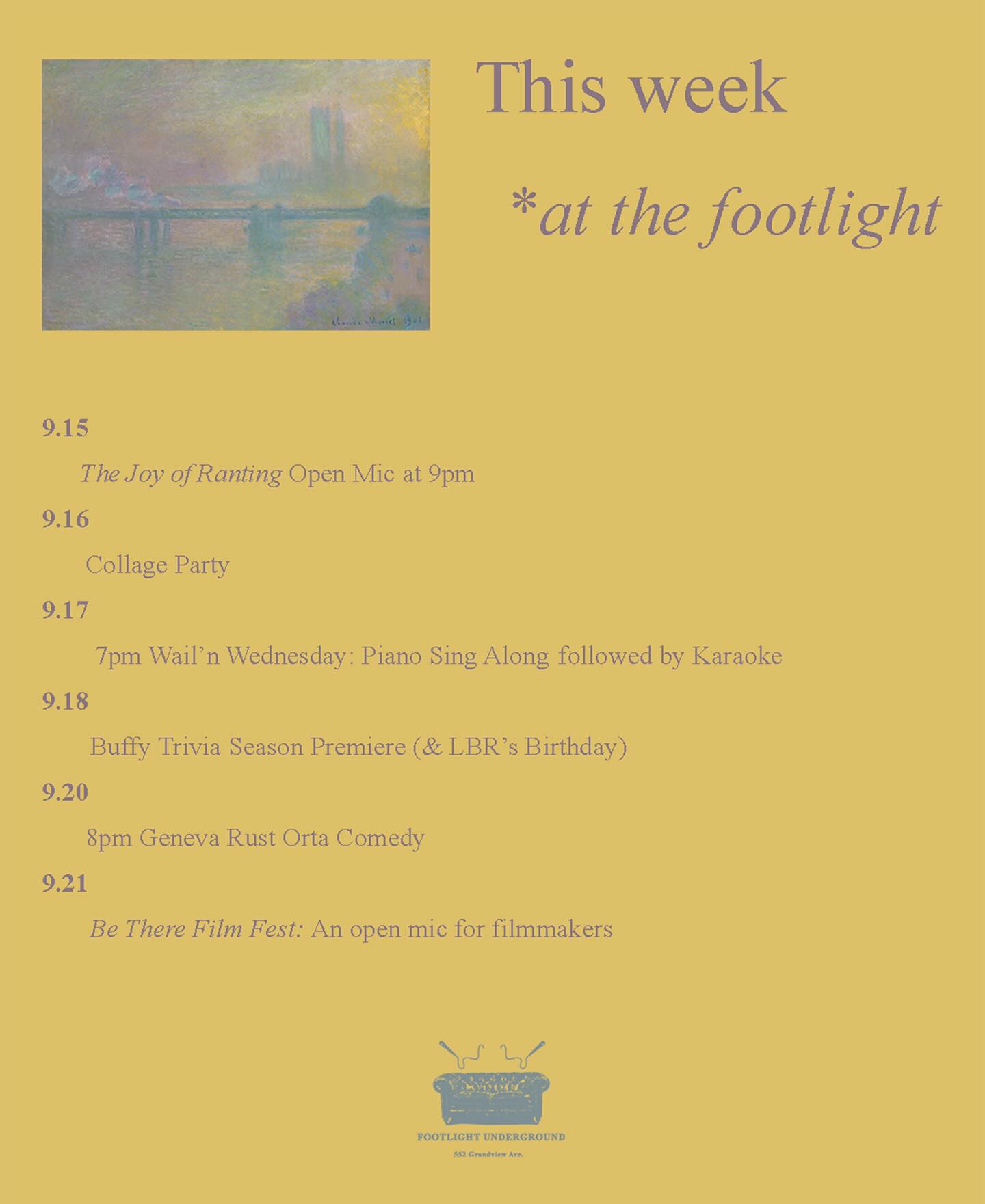 ☀️🍃🍂☀️
MONDAY: The Joy of Ranting, a mixed medium open mic guest hosted by @timshea101 Sign up starts at 9PM, show starts around 9:30. Impress us with your weird and win $5
TUES: C O L L A G E ✂️ P A R T Y hosted by @thefootlighter Suggested donation $10-15. Supplies included ✂️ ✂️
Wail’n Wednesday: Karaoke 9PM- Late Hosted by @miss.nora.knox
THURS 9.18 BUFFY TRIVIA RETURNS: Season Premiere (& LBR’s Birthday) (@natashaferrier) Suggested buy in $15, Cash prize for first place, costumes always appreciated
SAT: 8pm Geneva Rust Orta Comedy Special Release party (@genevarustorta )
SUN: Be There Film Fest: An open mic for filmmakers hosted by @funguspumpkin 4pm-late
Graphics by @akmullally
#independentvenue #womenowned #publicartspace #queerowned #loveyourlocal #collagenight #openmic #livemusic #filmfestival #ridgewoodqueens #bushwickbrooklyn #nyc