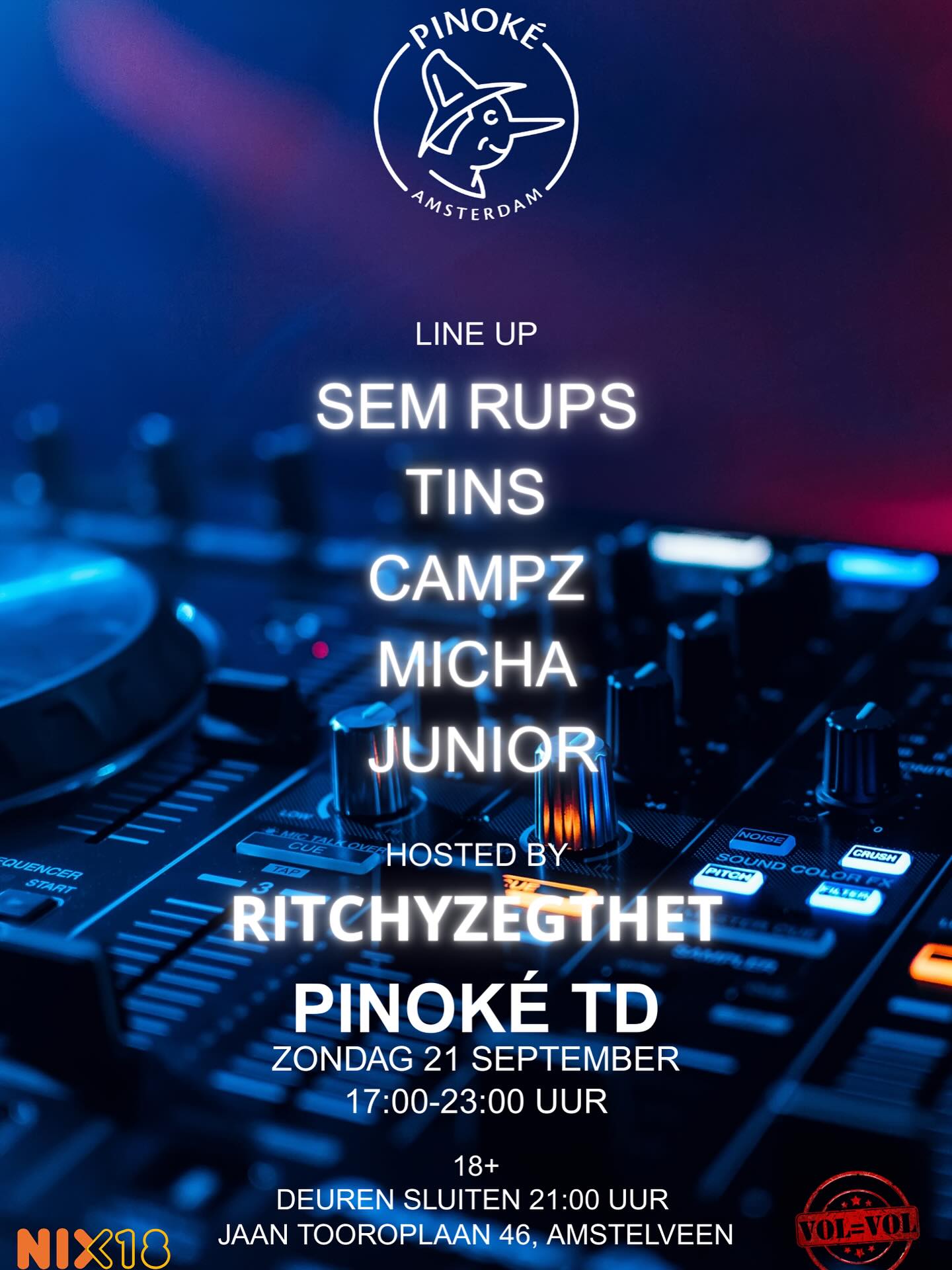 Aankomende zondag is het weer zo ver! De eerste TD van het seizoen op Pinoké.
Na de wedstrijden van Dames en Heren 1 is het tijd voor een drankje en een dansje in het clubhuis.?? Dit wil je niet missen!
⏰: Van 17:00 tot 23:00
? : leeftijd 18+
? : VOL = VOL