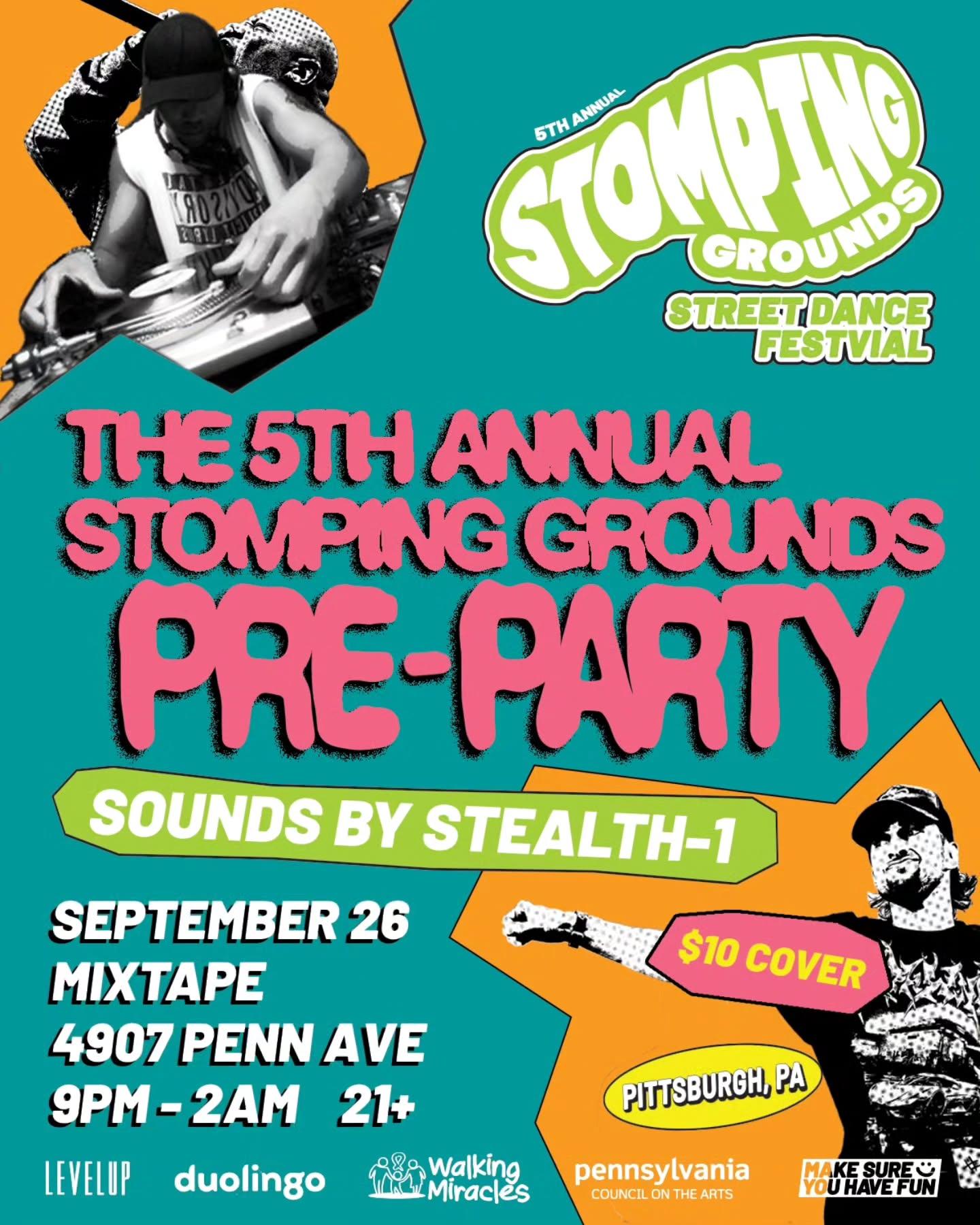 Let's kickoff #stompinggrounds with Friday night's pre-party at @mixtapepgh!
Music by Stealth-1 of @getdowngang
Don't wait on it! Buy your tickets for workshops, Stomping Grounds Pre-Party, and dance tournament at leveluppgh.com/sg2025
🔥 5th Annual Stomping Grounds 🔥
🎯 1v1 Open Styles Battle & Street Dance Festival
🗓 Sept 25-27, 2025
📍 Pittsburgh, PA
@makesureyouhavefun @stompingxgrounds #streetdancefestival #openstylesbattle #dancebattle #leveluppgh #makesureyouhavefun #pittsburgh #pghdance #battleculture #hiphop
Thanks to our sponsors 🙌 @duolingo @walkingmiracles @paartscouncil