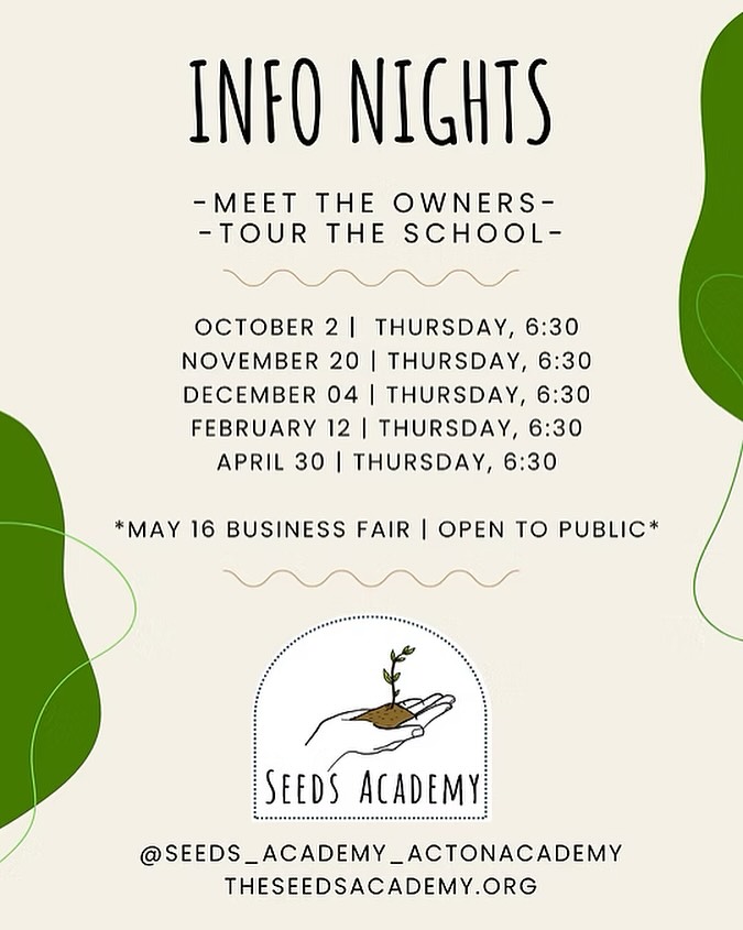 ⸻
🌱 Curious about Seeds Academy? Come see for yourself!
Join us for our Parent Info Night on Thursday, October 2nd at 6:30 PM. Meet the owners and guides, talk with learners, and discover what makes Seeds Academy a unique learning community. RSVP in bio or on our website.
Can’t make it? No worries—there will be more opportunities throughout the year. Sign up anytime on our website!
#SeedsAcademy #ParentInfoNight #DiscoverSeeds #CommunityLearning