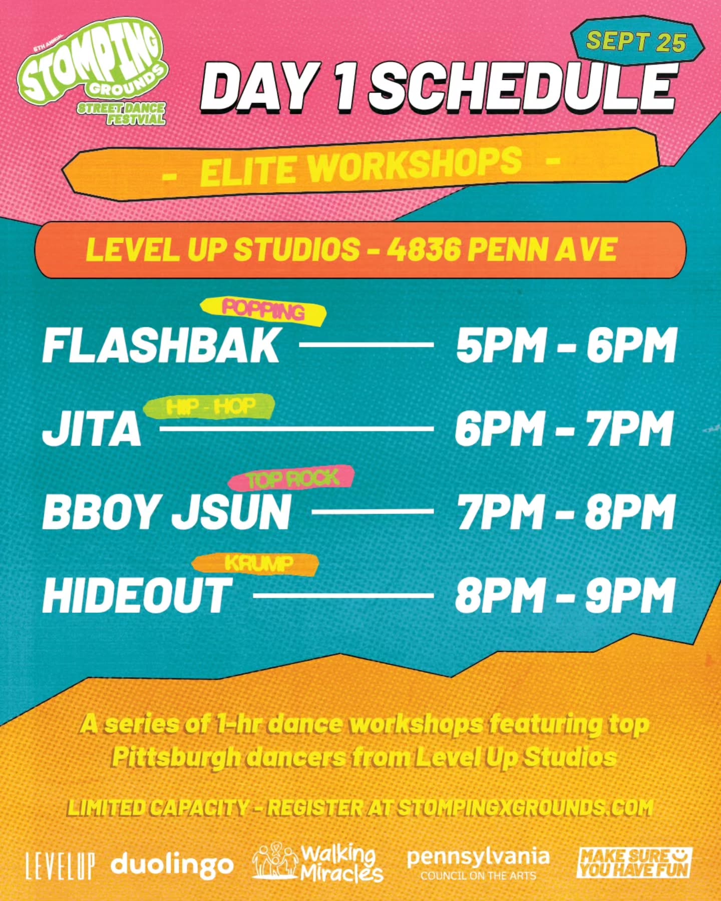 Learn from the elites! Day 1 of #stompinggrounds features workshops from some of our favorite instructors in the city. @themindofquinn
@jita_the_believer @bboyjsun
@yhonaken_hideout
Don't wait on it! Buy your tickets for workshops, Stomping Grounds Pre-Party, and dance tournament at leveluppgh.com/sg2025
🔥 5th Annual Stomping Grounds 🔥
🎯 1v1 Open Styles Battle & Street Dance Festival
🗓 Sept 25-27, 2025
📍 Pittsburgh, PA
@makesureyouhavefun @stompingxgrounds #streetdancefestival #openstylesbattle #dancebattle #leveluppgh #makesureyouhavefun #pittsburgh #pghdance #battleculture #hiphop
Thanks to our sponsors 🙌 @duolingo @walkingmiracles @paartscouncil
