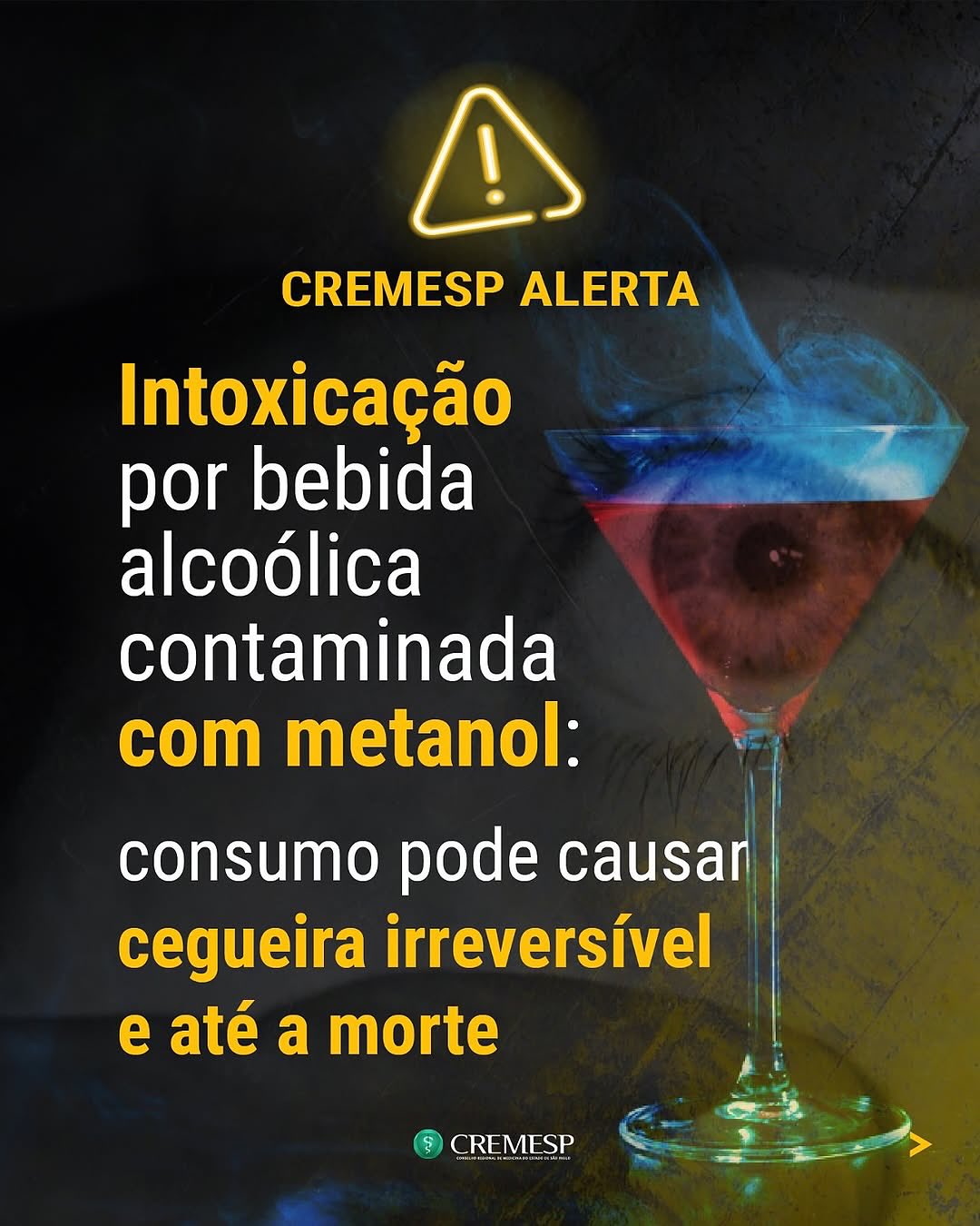 #repost importantíssimo do @cremesp_crm
🚨URGENTE🚨
O Cremesp alerta de hoje chama atenção para o risco da intoxicação por metanol, substância altamente tóxica que pode estar presente em bebidas alcoólicas adulteradas.
Em São Paulo, foram registrados casos graves, com mortes e internações após a ingestão.
O metanol, usado em combustíveis e solventes, quando ingerido, inalado ou absorvido em contato prolongado, pode causar sintomas como dor de cabeça, náuseas, vômitos, dor abdominal, confusão mental e alterações visuais súbitas que podem evoluir para neuropatia óptica.
A doença oferece riscos de perda de visão irreversível e, sem tratamento imediato, a intoxicação pode ser fatal.
Contem conosco!
🏥 @geneticapaulista
📌 Rua Dr. Nicolau de Sousa Queiros, 177 - Vila Mariana
São Paulo, SP
☎️ Telefone: (011) 3467-4625 e 99230-1219
📱 WhatsApp: (011) 98415-3780 e 99230-1219