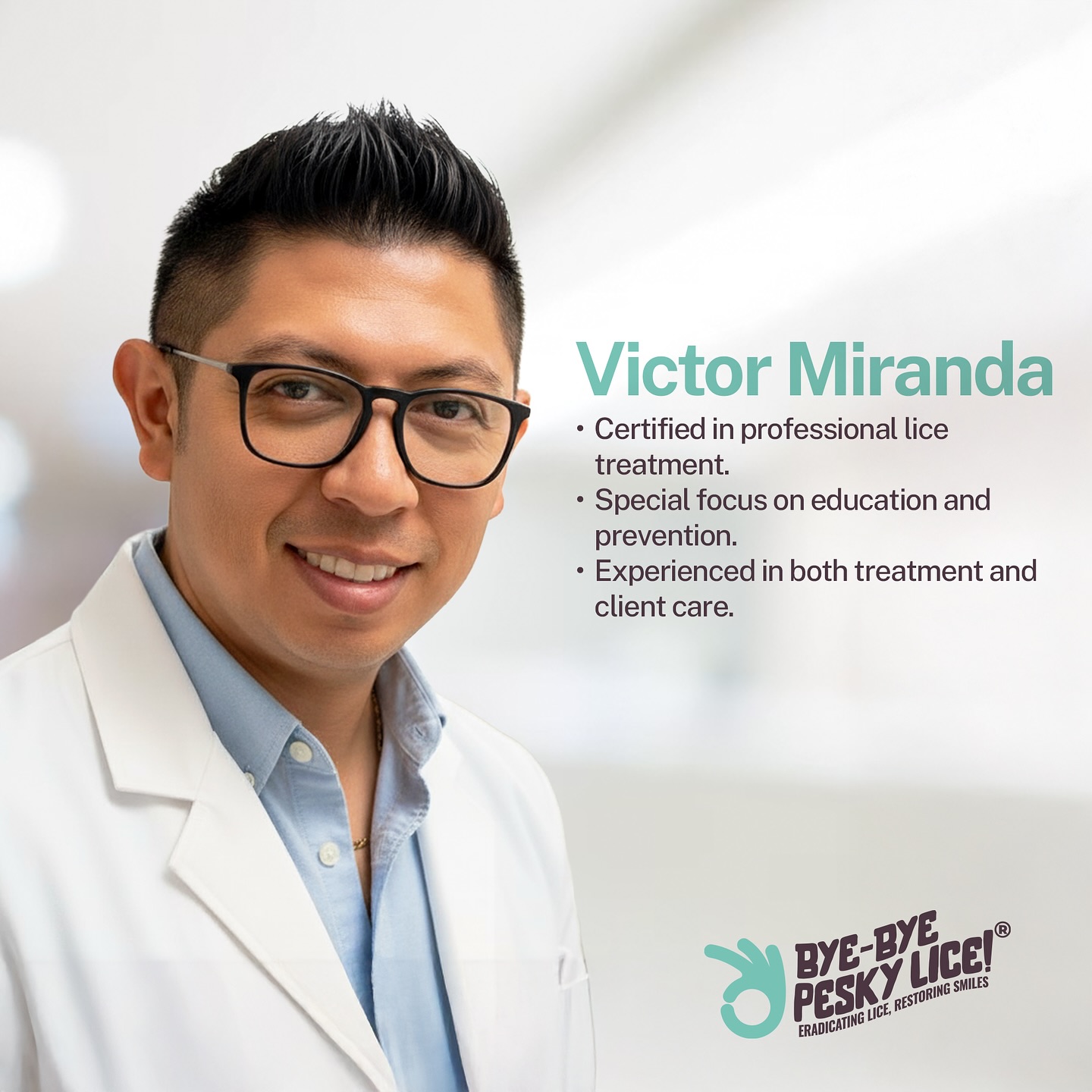 👨⚕️ Say hello to Victor Miranda, co-founder of Bye-Bye Pesky Lice and expert in-home lice technician.
Victor combines professional lice treatment with clear communication to give families peace of mind. His mission: make sure every family feels confident and completely lice-free.
💬 “Clear communication and trust are at the heart of what I do.”
➡️ Schedule your at-home lice check or treatment with Victor and experience care you can trust.
#ByeByePeskyLice #LiceRemovalService #HeadLiceExperts #FamilyHealth #CompassionateCare #SafeAndEffective #NJParents #NaturalLiceTreatment