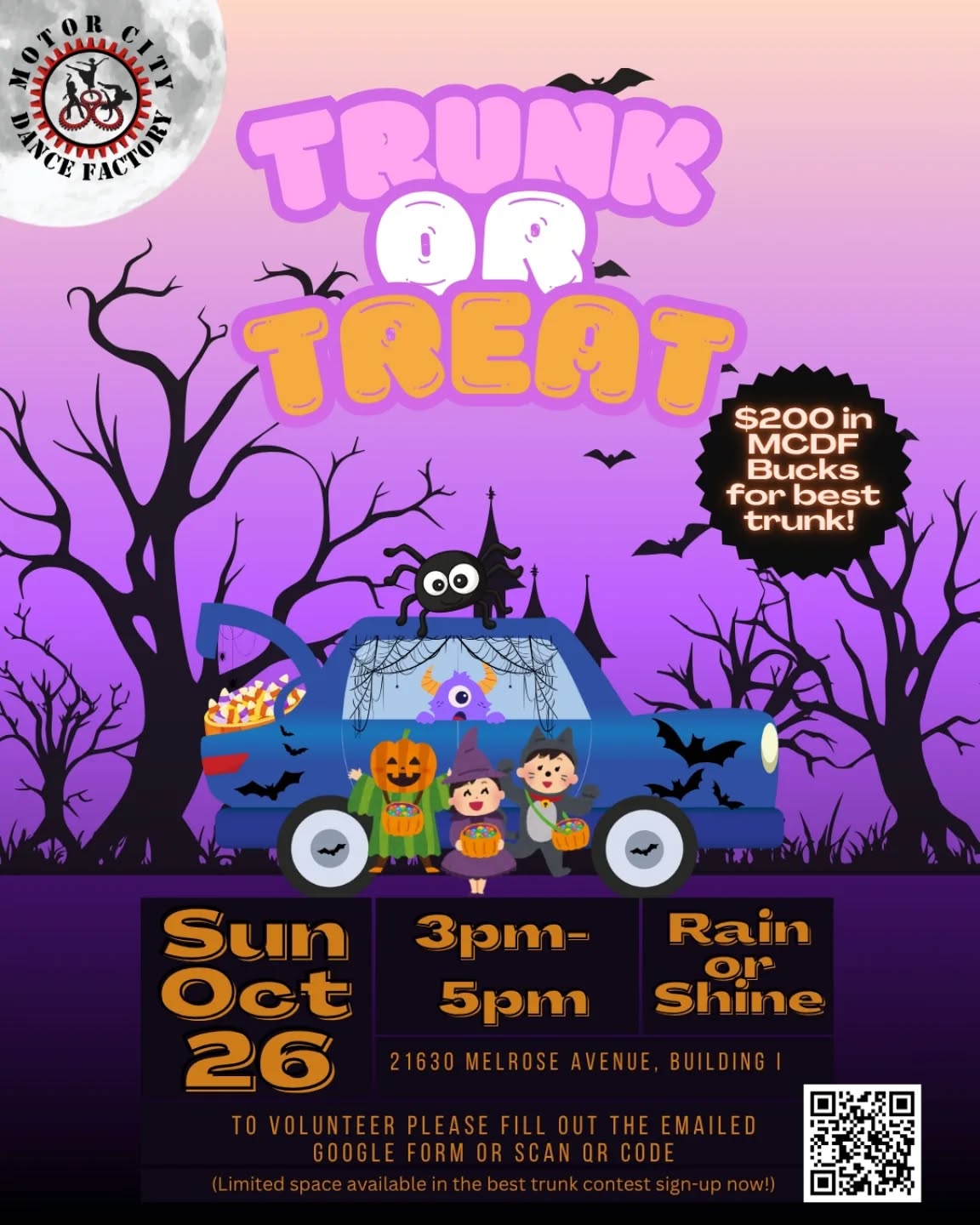🎃 𝑰𝒕'𝒔 𝑻𝒓𝒖𝒏𝒌 𝒐𝒓 𝑻𝒓𝒆𝒂𝒕 𝑻𝒊𝒎𝒆! We are hosting our annual Trunk or Treat again this year. Trunk or Treat will be 𝗦𝘂𝗻𝗱𝗮𝘆, 𝗢𝗰𝘁𝗼𝗯𝗲𝗿 26𝘁𝗵 𝗳𝗿𝗼𝗺 3𝗽𝗺 - 5𝗽𝗺.
🎃We also have our best trunk contest! 𝗧𝗼 𝗽𝗮𝗿𝘁𝗶𝗰𝗶𝗽𝗮𝘁𝗲 𝗶𝗻 𝗼𝘂𝗿 𝗯𝗲𝘀𝘁 𝘁𝗿𝘂𝗻𝗸 𝗰𝗼𝗻𝘁𝗲𝘀𝘁 𝘆𝗼𝘂 𝗠𝗨𝗦𝗧 𝗳𝗶𝗹𝗹 𝗼𝘂𝘁 𝘁𝗵𝗲 𝗚𝗼𝗼𝗴𝗹𝗲 𝗙𝗼𝗿𝗺 𝗯𝘆 𝗦𝗮𝘁𝘂𝗿𝗱𝗮𝘆, 𝗢𝗰𝘁𝗼𝗯𝗲𝗿 18𝘁𝗵. Rain or Shine this event will take place and we are counting on you!
🎃There will be $200 in MCDF Bucks for the Kids' Choice Award Trunk Design Contest! You must be a current student to participate in the contest, but you don’t have to be to participate in just the trunk or treat event.
(𝗡𝗢 𝗣𝗘𝗔𝗡𝗨𝗧𝗦 🥜)
🎃We will confirm participation in the contest by email on Wednesday, October 22th.
If you have any questions you can email Ms. Tyra at mstyramcdf@gmail.com