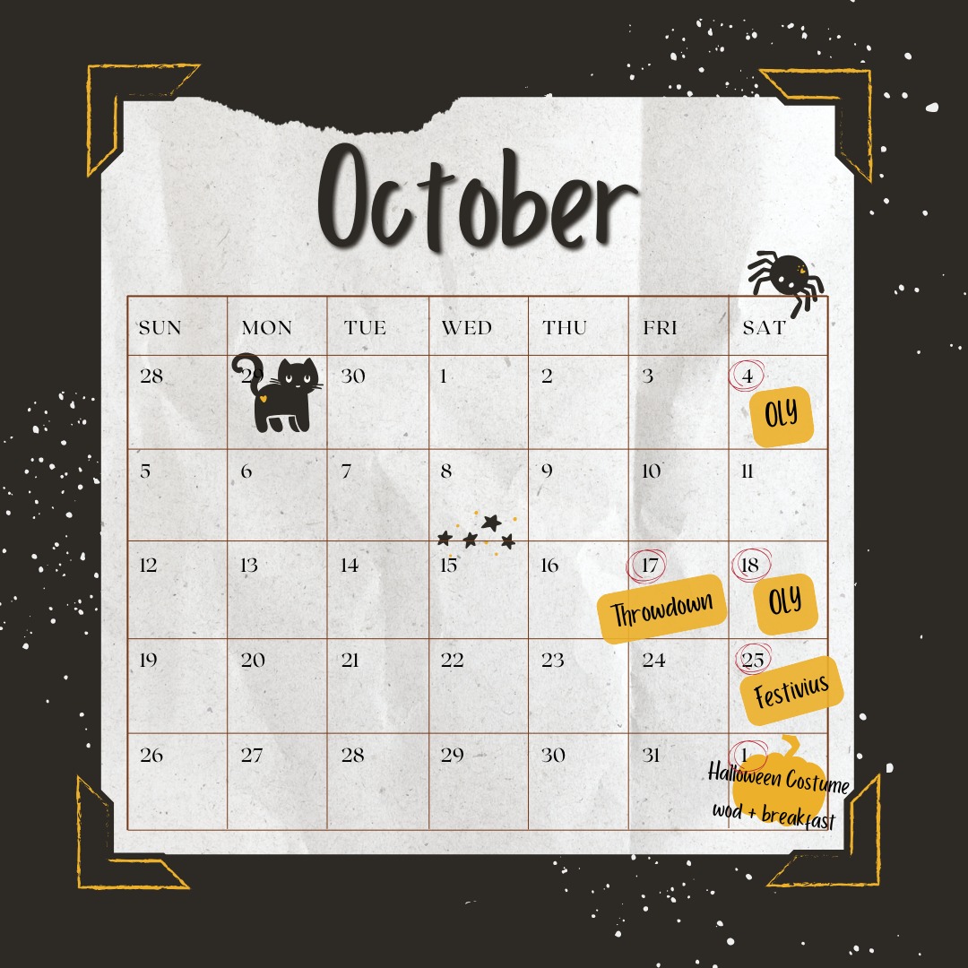 The ghosts of PRs past are haunting the rig, and our barbells are ready to creep it real this month ??
Here’s what’s rising from the grave:
? Oct 4 & 18 – OLY Class: where lifting gets scary good ?️♀️
? Oct 17 – Throwdown: unleash your inner beast (or zombie ?♂️)
? Oct 25 – Festivus @ Crossfit Thunderbolt in Oswego: for the rest of us who love fitness & fun. Lets support our competing teams!
?♀️ Nov 1 – Halloween Costume WOD + Breakfast: come sweat in your spooky best—bonus points if your costume survives the workout ?
Enter if you dare… the only thing scarier than skipping a workout is missing out on this month’s fun ?