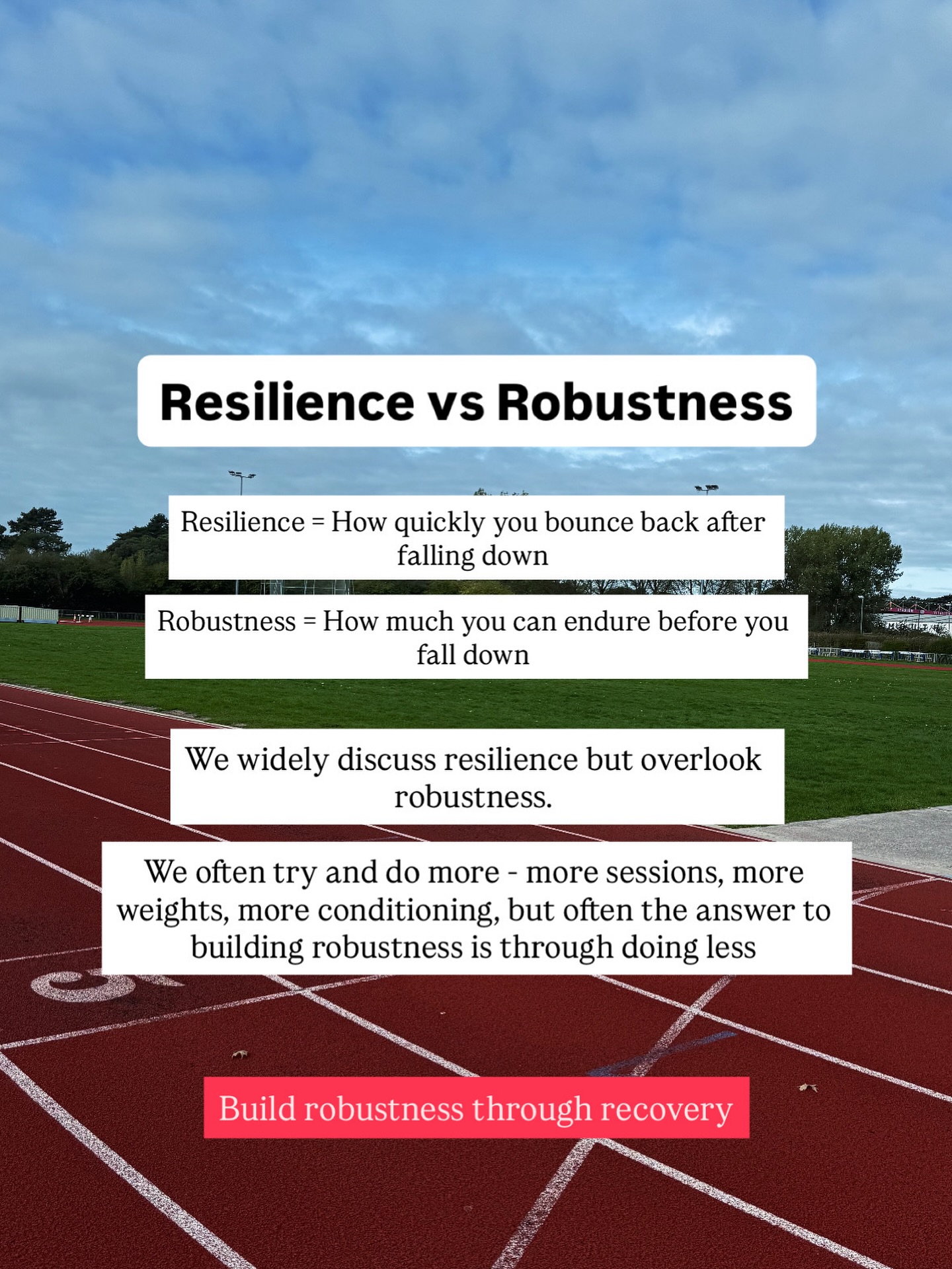 Resilience vs Robustness
This is a topic I’ve been thinking a lot about recently.
Resilience is so widely spoken about, desired and chased.
Yet, resilience is only possible after a setback, disappointment or hurdle to overcome.
Sure resilience is important, but why is nobody talking about how much you can endure BEFORE a setback or falling down?
Enter robustness.
We’re often chasing MORE. More sessions, more weights, more conditioning, but rarely do we consider doing less.
Research has proven that effective recovery is CRUCIAL to progress. You have to recover sufficiently to maximise growth both physically and mentally.
This is non-negotiable. Effective recovery is how you build robustness.
#resilience #robustness #performancepsychology