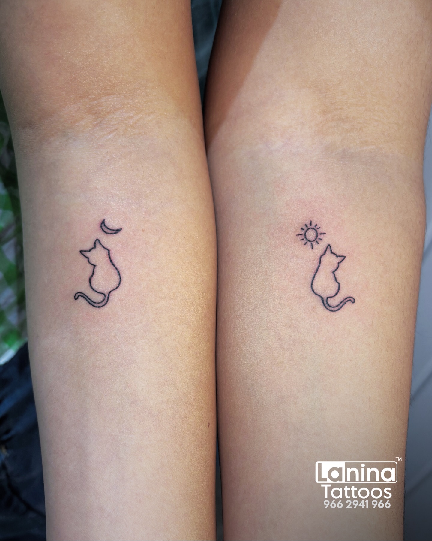 Same souls, different vibes 🌙☀️
.
One’s the moon, the other’s the sun — different energies, but both full of love (and obsessed with cats 🐾).
These matching cat tattoos are the cutest reminder that true friends don’t have to be identical,
just connected.
.
At La Nina Tattoos Ahmedabad, we create custom friendship tattoos, minimal designs, and fine line cat tattoos that tell your story in the simplest, most meaningful way. ✨