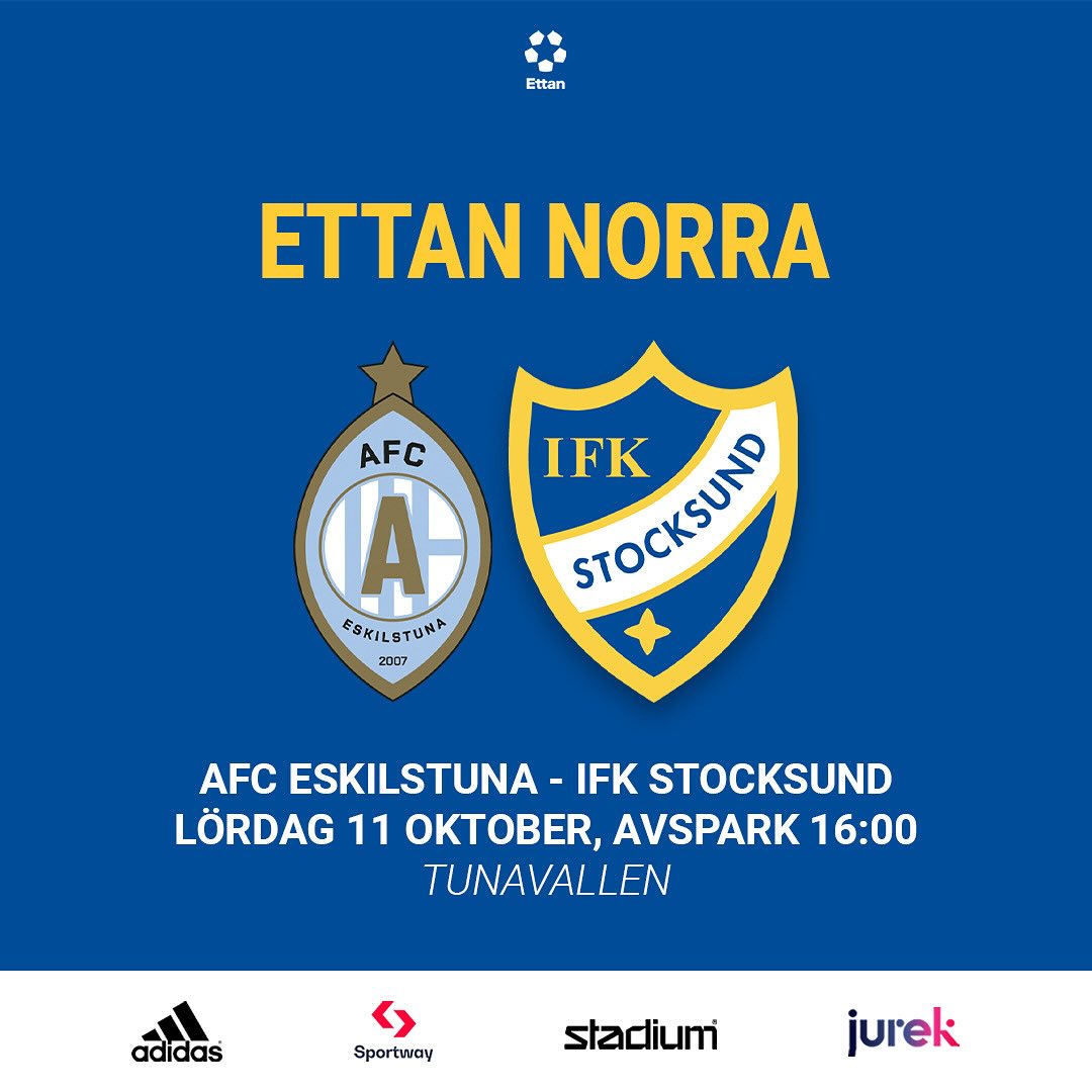 Efter viktiga 3 vunna poäng mot Sollentuna, laddar vi nu om för match borta mot AFC Eskilstuna.
Matchen spelas lördag 11/10 kl. 16:00 på Tunavallen.
Matchen visas på ettanplay.se
@ettanfotboll @jurekgruppen @adidasfootball @stadium_jointhemovement @sportwaymediagroup