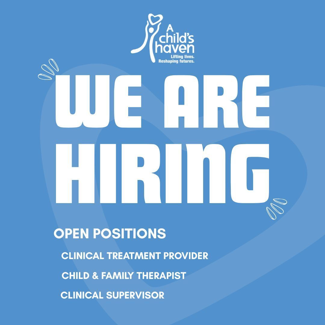 We are hiring!
Looking to grow your career and make a difference?
A Child’s Haven is the place for you!
We offer:
✨ Generous PTO
✨ Great benefits
✨ Ongoing professional training
Now hiring for:
-Clinical Treatment Provider
- Assistant Clinical Director
-Child & Family Therapist
Join our mission-driven team and help transform lives!
Apply today using the link below:
https://www.indeed.com/cmp/A-Childs-Haven-3/jobs