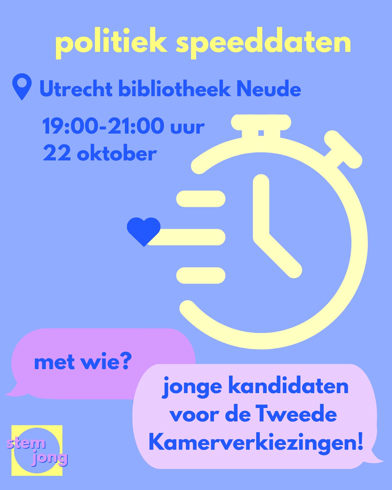 Speeddaten met jonge politici! Ben jij erbij?
Op 22 oktober van 19:00-21:00 uur in de bibliotheek in Utrecht op het Neude heb jij de kans om op speeddate te gaan met jonge kandidaten voor de Tweede Kamerverkiezingen!
Weet je nog niet precies op welke partij je gaat stemmen? Of ben je op zoek naar een toffe kandidaat die jouw stem verdient? Kom langs in de bieb en ga in gesprek.
Wij regelen spicy stellingen, snacks en drankjes, jij kunt binnenlopen wanneer je wil en aanschuiven bij de kandidaten voor een of meerdere rondes.
Benieuwd welke kandidaten eraan sluiten? Houd onze socials in de gaten! We zorgen in ieder geval voor een gevarieerd politiek aanbod.💪
*en nee, er zal weinig geflirt worden deze avond, alleen met elkaars politieke ideeën😉*
#stemjong #voteyoung #verkiezingen #verkiezing #tweedekamer #tweedekamerverkiezingen #tweedekamerverkiezing #jongenbetrokken #slimstemmen #tkv #denhaag #politieknederland #stemmen #stemwijzer #kieswijzer #stemmen2025 #verkiezingen2025 #verkiezing2025 #politiekvoorjongeren #jongindepolitiek #opnaardestembus