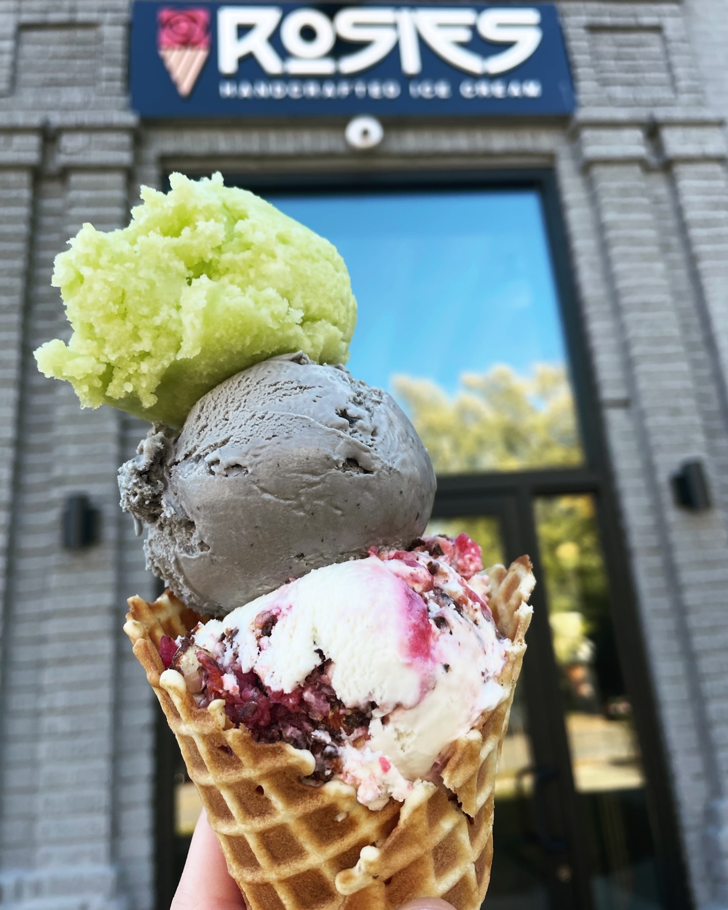 🍏PUCKER UP, GRANNY
Granny Smith apple sorbet
🩶STAR NOIRE
Black licorice ice cream
🍒🦗CHERRY CHIRP
Almond flavored ice cream with swirls of amaretto soaked cherries along with roasted, chocolate covered almonds and crickets. Yes. Crickets. *Shellfish allergen*
##havearosieday