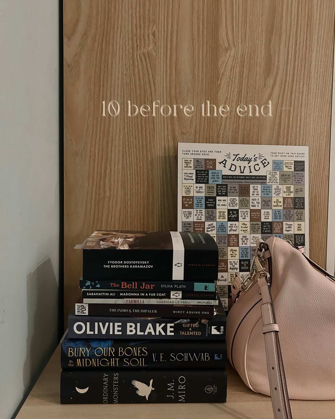 my 10 books to read before the end of the year —
1. mask falling by samantha shannon
2. dark mirror by samantha shannon
• my main goal is to catch up to TBS before december so that i’m not entering 2026 in tears
3. hemlock & silver by t. kingfisher
• i would already be reading this if my Libby hold wasn’t months long
4. carmilla by sheridan le fanu
5. madonna in a fur coat by sabahattin ali
• short classics that have been calling me
6. the tainted cup by robert jackson bennett
• @readwithkath said to save this for the end of the year and i follow hihi
7. will of the many by james islington
• fantasy academies. enough said. — the hype was real so i was waiting for it to die down before i read it in case i disliked it
8. a serpent called mercy by roanne lau
• standalone epic about an illegal monster-fighting arena with focus on friendship and political alliances — very underrated and i’ve been eyeing it for months
9. red city by marie lu
• more crime syndicates, clearly i like emotionally devastating books — i have been waiting all year for this
10. brothers karamazov by fyodor dostoyevsky
• they said “wicked and sentimental” and i was sold, the kind of classic lit i gravitate towards — realistically, i know i’m not going to finish this within the year so my goal is to atleast start it
what book do you want to finish before the end of the year?