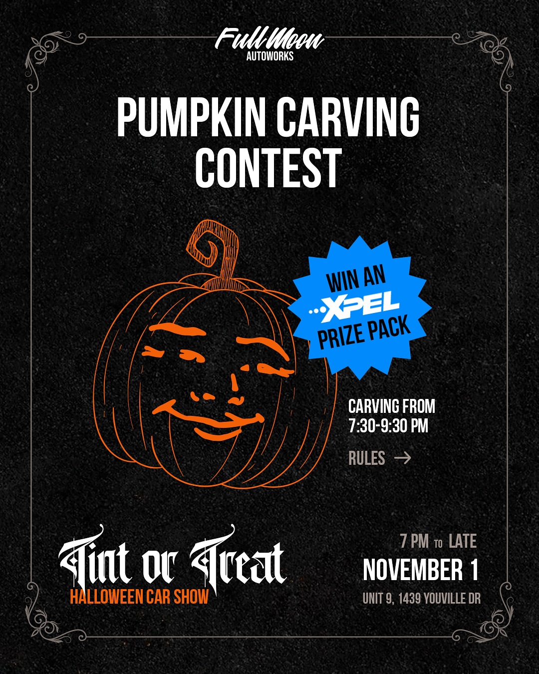 Pumpkins, prizes, and a little friendly fright 👻🎃
Show off your carving skills at Tint or Treat and compete for bragging rights and our @xpel prize pack. All ages welcome — we can’t wait to see what you create!
#fullmoonautoworks #tintortreat #carshow #ottawacars #ottawacarshow #ottawa #orleans #contest #halloween