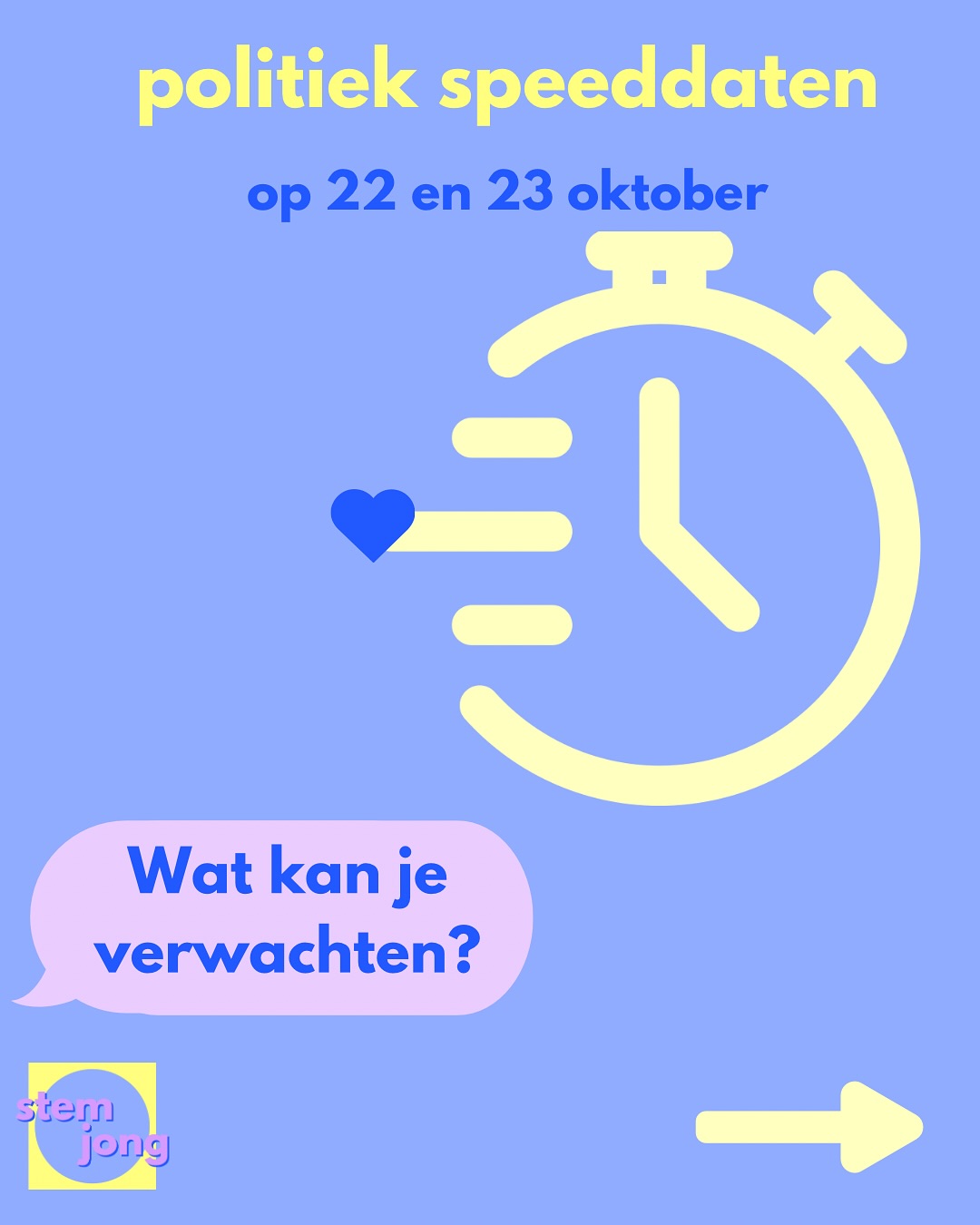 Het is bijna zo ver, onze politieke speeddate events op 22 en 23 oktober! Zien we jou daar?
Wij regelen spicy stellingen, snacks en drankjes, jij kunt binnenlopen wanneer je wil en aanschuiven bij de kandidaten voor een of meerdere rondes.
Weten welke jonge kandidaten erbij zijn? Check onze feed voor de kandidaten die er in Utrecht en Rotterdam zijn.
*en nee, er zal weinig geflirt worden deze avond, alleen met elkaars politieke ideeën😉*
#verkiezingen2025 #tweedekamerverkiezingen #jongindepolitiek #utrecht #politiekvoorjongeren #maatschappelijkebetrokkenheid #stemjong #voteyoung #slimstemmen #opnaardestembus #politiekevent #verkiezingsevent #verkiezingsevenement #denhaag #rotterdam #politiekactief #jongenbetrokken #politiekspeeddaten