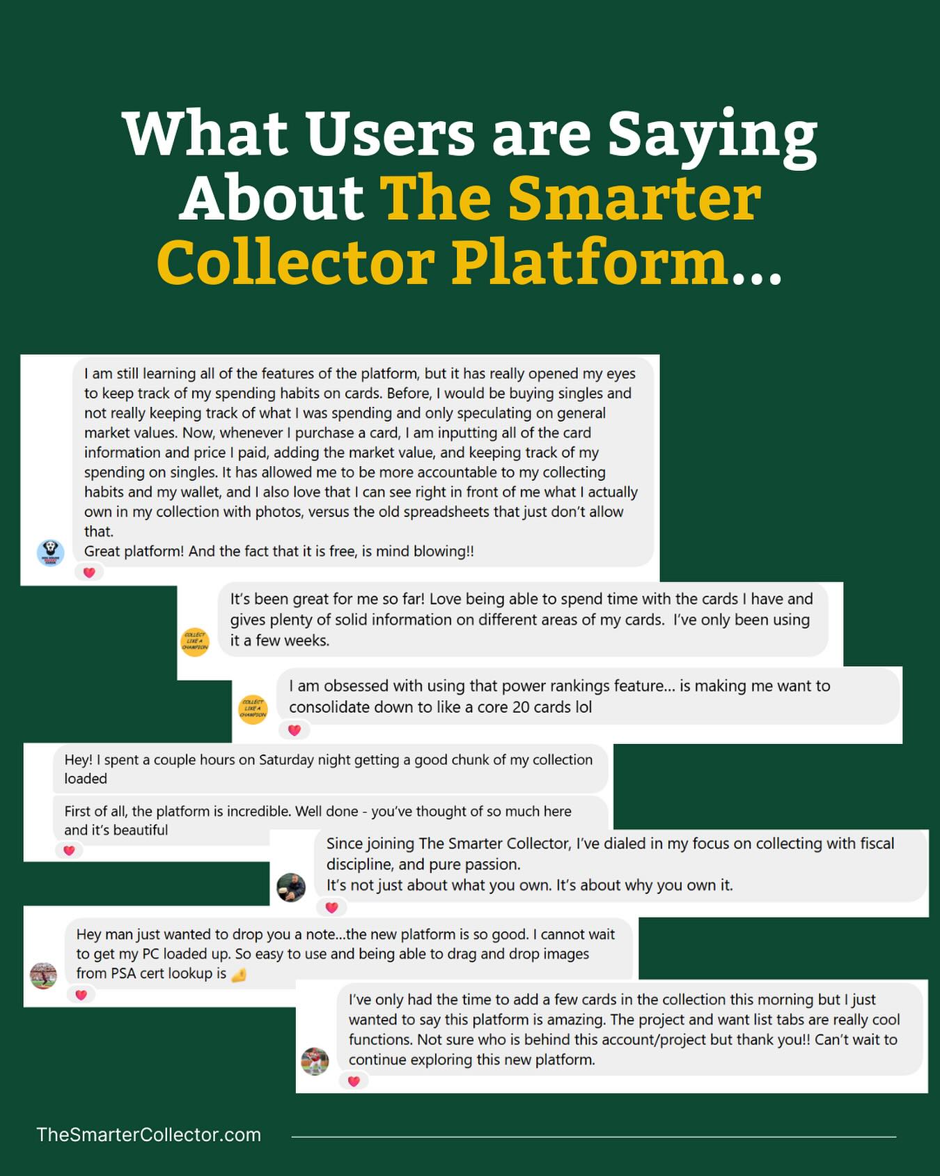 Collectors are already putting The Smarter Collector Platform to work — and the feedback has been awesome.
Some are using it to track spending and market values.
Others are ranking their top cards or managing full project want lists.
However you collect, the platform adapts to your style.
And the best part is that it’s completely free to use.
Start organizing your collection today at App.TheSmarterCollector.com
#thesmartercollector #sportscards #thehobby #collecting #whodoyoucollect #baseballcards #basketballcards #hockeycards #footballcards #topps #paniniamerica #rc #rookiecard #collectwithintention