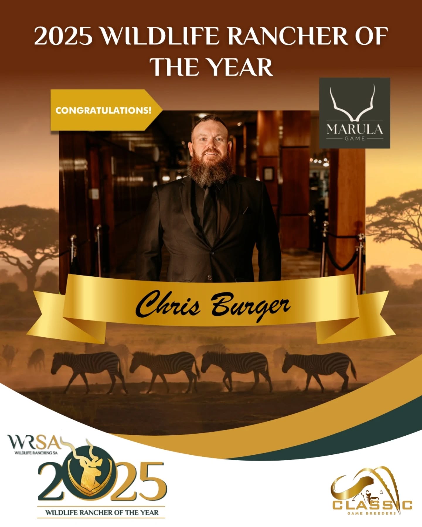 🏆 2025 Wildlife Rancher of the Year Winners Announced! 🏆
Tonight, we celebrated excellence, innovation, and leadership in wildlife ranching at the prestigious WRSA Gala Dinner & Awards.
We are honored to congratulate our 2025 Wildlife Rancher of the Year winner and category winners - true pioneers shaping the future of our industry:
🥇 Overall Winner – Wildlife Rancher of the Year: Chris Burger, Marula Game
2025 Tourism Establishment: Peter & Jenny Bean, Schotia Safaris
Best Use of Products: Charles van den Hever, Chargo
Wildlife Breeder: Chris Burger, Marula Game
Judges Award: Hannes Wessels, Boschpoort Safaris, Mabalingwe
Hunting Establishment / Outfitter of the Year: Howard Knott, Greater Kuduland Safaris
Thank you for setting the standard through your dedication, vision, and passion for wildlife ranching. Your contributions inspire and strengthen our industry.
#2025WRSAAwardsCeremony #2025WildlifeRancherOfTheYear
