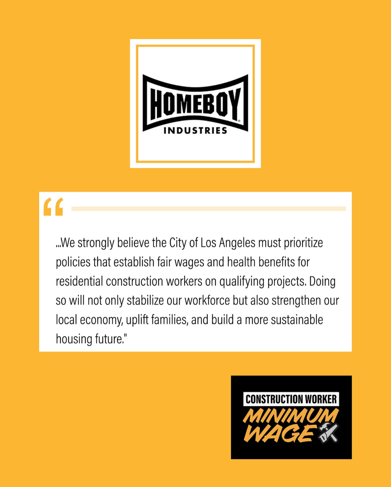 Homeboy Industries is with us! Are you?
“...We strongly believe the City of Los Angeles must prioritize policies that establish fair wages and health benefits for residential construction workers on qualifying projects. Doing so will not only stabilize our workforce but also strengthen our local economy, uplift families, and build a more sustainable housing future.” – @homeboyindustries
Visit our website to see the growing list of supporters, and join us in this fight to demand a City of Los Angeles Residential Construction Worker Minimum Wage.
🔗 www.constructionworkerminimumwage.com/supporters
#WhoBuildsLA #HomeboyIndustries #HomeboyJoy #ReEntry