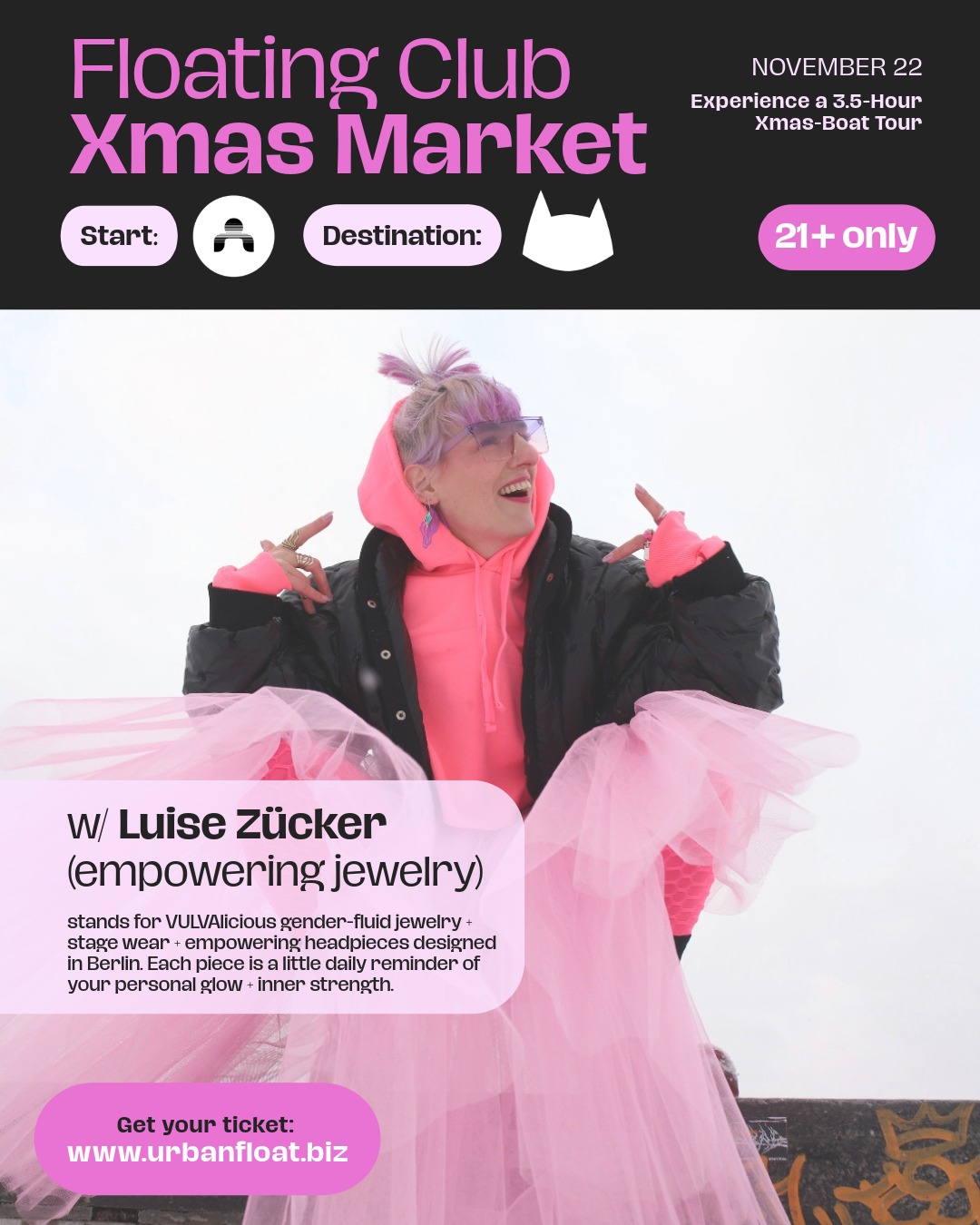 Floating Club Xmas Market!22. Nov & 13. Dez heißt’s: Marktfeeling, Glühwein, Beats & und ganz tolle Artists, mitten auf der Spree!
Mit dabei am 22.11: @luisezuecker – empowering jewelry.
VULVAlicious, genderfluider Schmuck, Stagewear & Headpieces – designed in Berlin. Jedes Piece ist ein Statement, ein täglicher Reminder an deinen Glow, deine Stärke und dein Selbstbewusstsein. 💫
Komm an Bord, genieß die Fahrt, tanze, funkel & entdecke Design, das Empowerment sichtbar macht.
👉 Tickets unter www.urbanfloat.biz