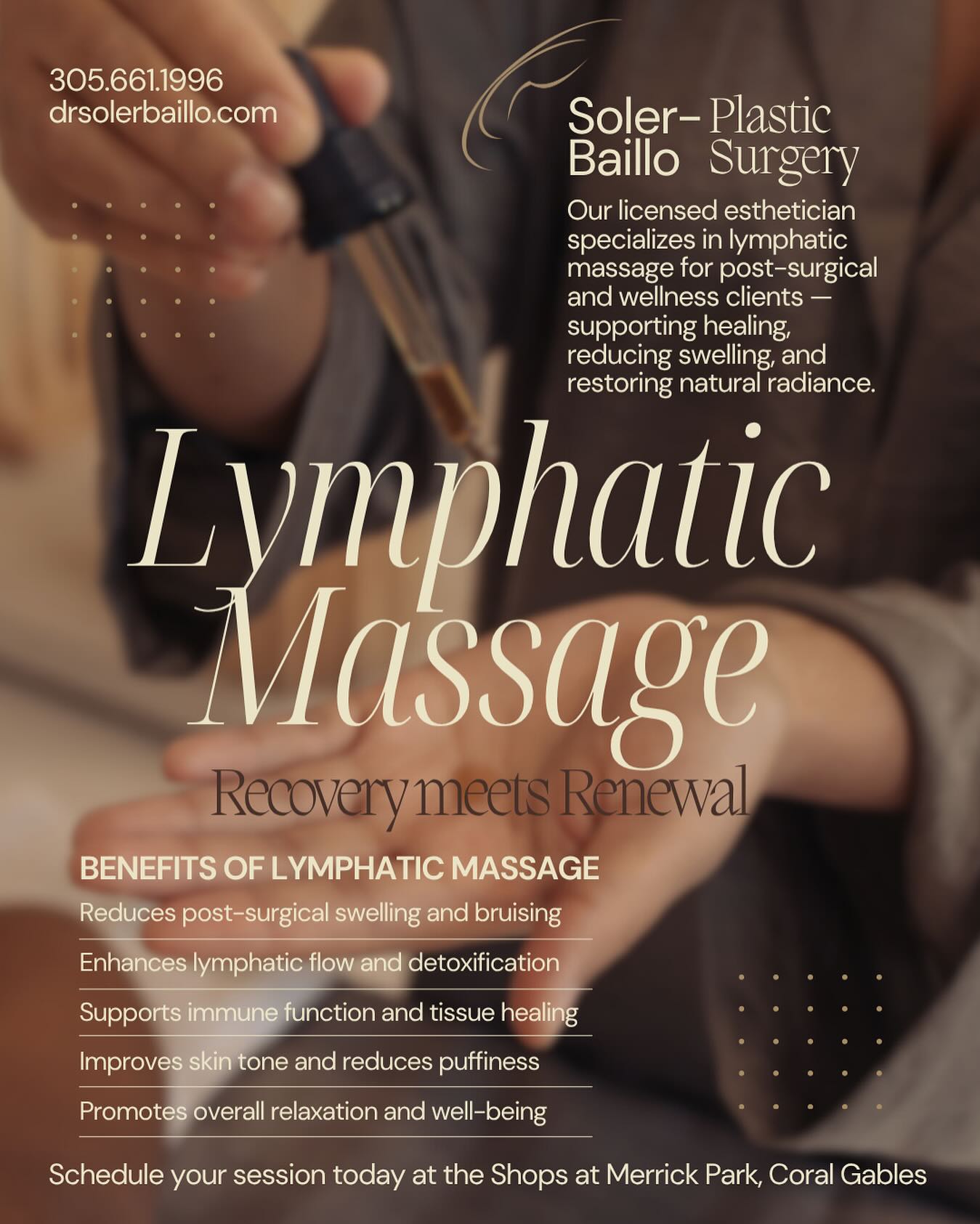 In honor of Massage Therapy Awareness Week, we’re celebrating the healing power of touch💫
Our licensed esthetician is offering lymphatic massages - perfect for both post-surgical recovery and overall wellness - now $100 (regularly $120) for a limited time.
✨Reduce swelling, boost circulation, and feel renewed inside and out.
🔗 Schedule your massage today!
📥 drsolerinfo@resultsmd.com
📲 305-661-1996