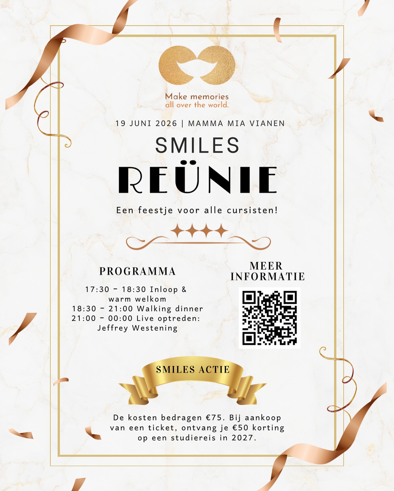 ? SMILES REÜNIE ?
Volgend jaar is het dan eindelijk zover: dé Smiles reünie! Dit wordt het feestje voor alle cursisten ?
Vanaf 17:30 zullen wij de deuren openen en maken we er samen een prachtige avond van met o.a. een walking dinner en een live optreden van Jeffrey Westening. 
We kijken er enorm naar uit om samen oude herinneringen op te halen en plannen te maken voor de toekomst ✈️
Meer informatie over de reünie vind je op onze website. Wie weet tot dan! ✨
Liefs,
Lisette & Saskia