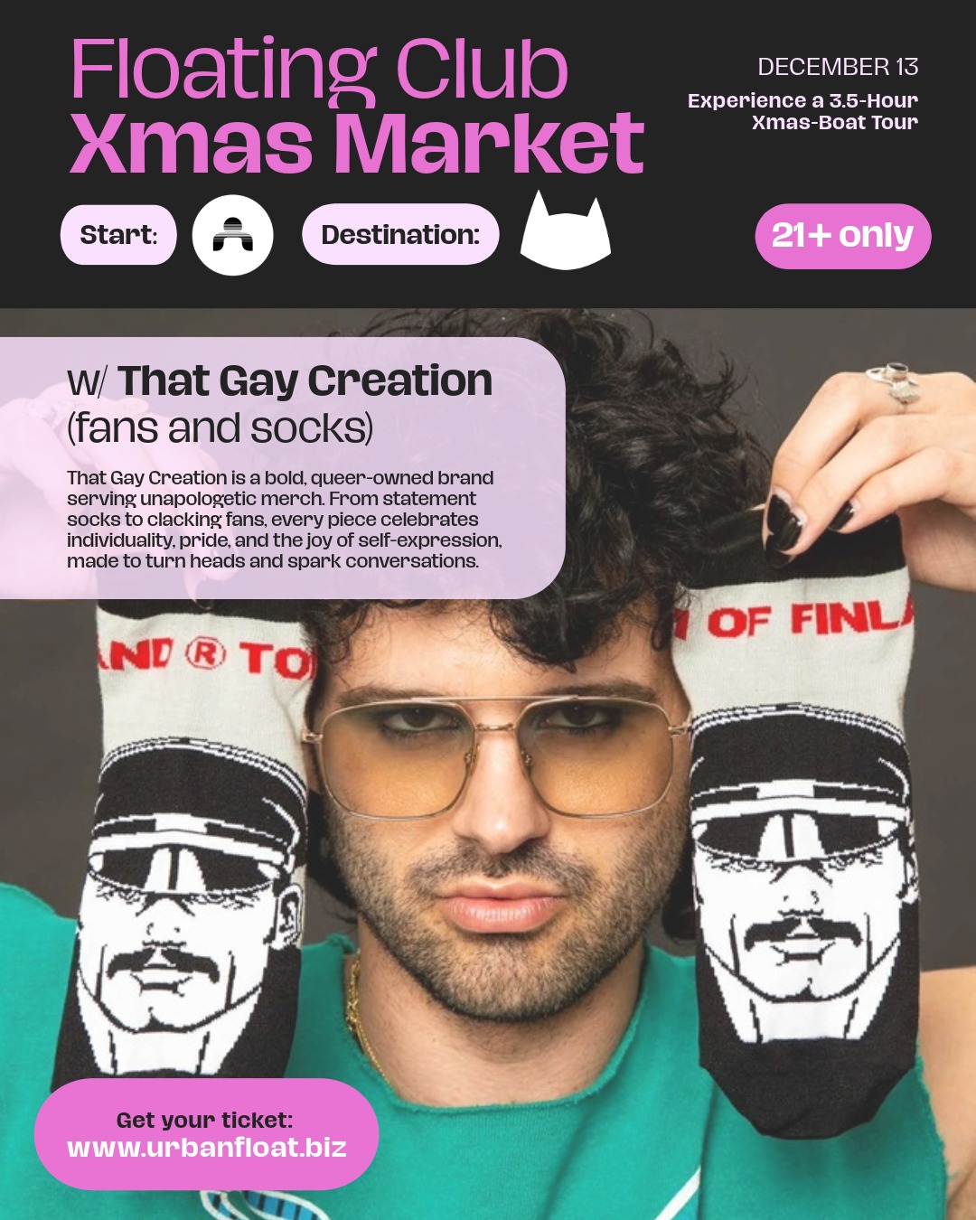 Floating Club Xmas Market – auf der Spree! 22. Nov & 13. Dez heißt’s: kreative Vibes, kräftige Farben, Prints und jede Menge handgemachtes – mitten auf der Spree! 🌈✨
Mit dabei am 13.12: @thatgaycreation ist eine queer-geführte Marke, die Individualität, Pride und die Freude an Selbstentfaltung feiert. Jedes Teil ist so gestaltet, dass es Blicke auf sich zieht, Gespräche startet und dich strahlen lässt, so, wie du bist. <3
👉 Tickets: www.urbanfloat.biz