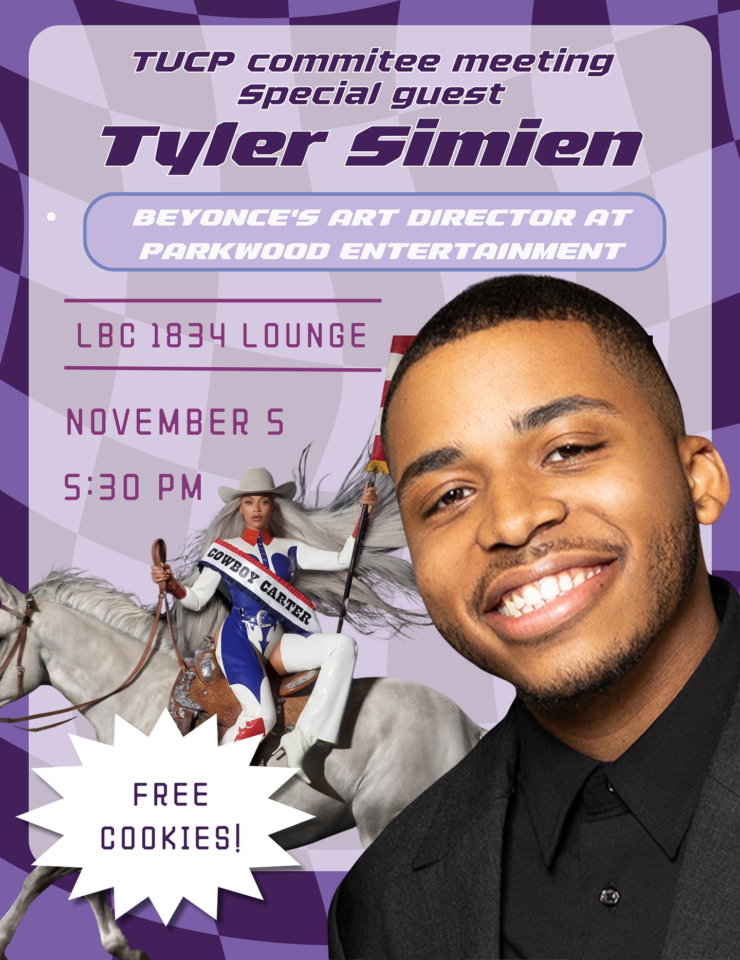 Want to step into the entertainment industry? Well you’re in luck because you’ll have a chance to meet Beyoncé’s art director and TUCP alumni @tylersimien at our next committee meeting! He’s helped design merch, he’s photographed the Renaissance and Cowboy Carter World Tours, and shot Beyonce in countless photoshoots- so don’t miss your chance to hear him speak in our moderated Zoom Q&A!
The committee meeting will be on November 5th at 5:30 pm in the LBC 1834 Lounge. This is a great opportunity for anyone interested in design, the entertainment industry, or just want to get involved in TUCP! Don’t miss out! 🎨