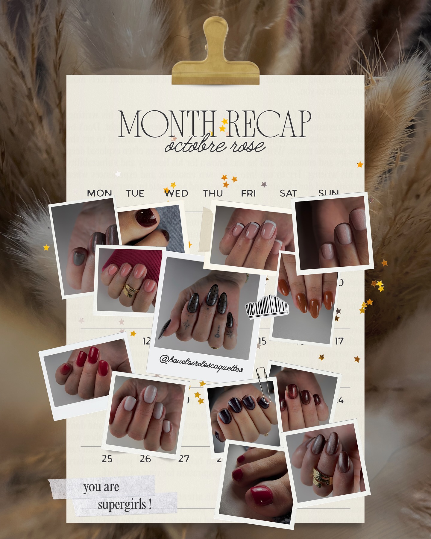 Octobre Rose au Boudoir…
C’était :
-> des manucures roses
-> des manucures pas roses
-> des soins des pieds
…et surtout, vos dons dans la tirelire
Grâce à vous, 77€ ont été reversés à l’association Belle & Bien (@bellebien.fr )qui accompagne les femmes touchées par la maladie à retrouver un peu de joie et de féminité, en leur offrant des soins socio esthétiques ✨
Ça peut paraître peu, mais à notre petite échelle, c’est déjà beaucoup !
Merci d’avoir joué le jeu et partagé un peu de douceur tout au long du mois 🩷
⸻
📍Le Boudoir des Coquettes
à 5 min de Sancerre, 15 min des Aix-d’Angillon
1 rue du Petit Voisy, 18300 Veaugues
🕘 Lundi & mardi: 10h - 18h
Jeudi & vendredi : 10h – 21h
Samedi : 10h – 17h
Fermé les mercredis et dimanches
📲 Réservation en ligne :
www.boudoirdescoquettes.fr (lien en bio)