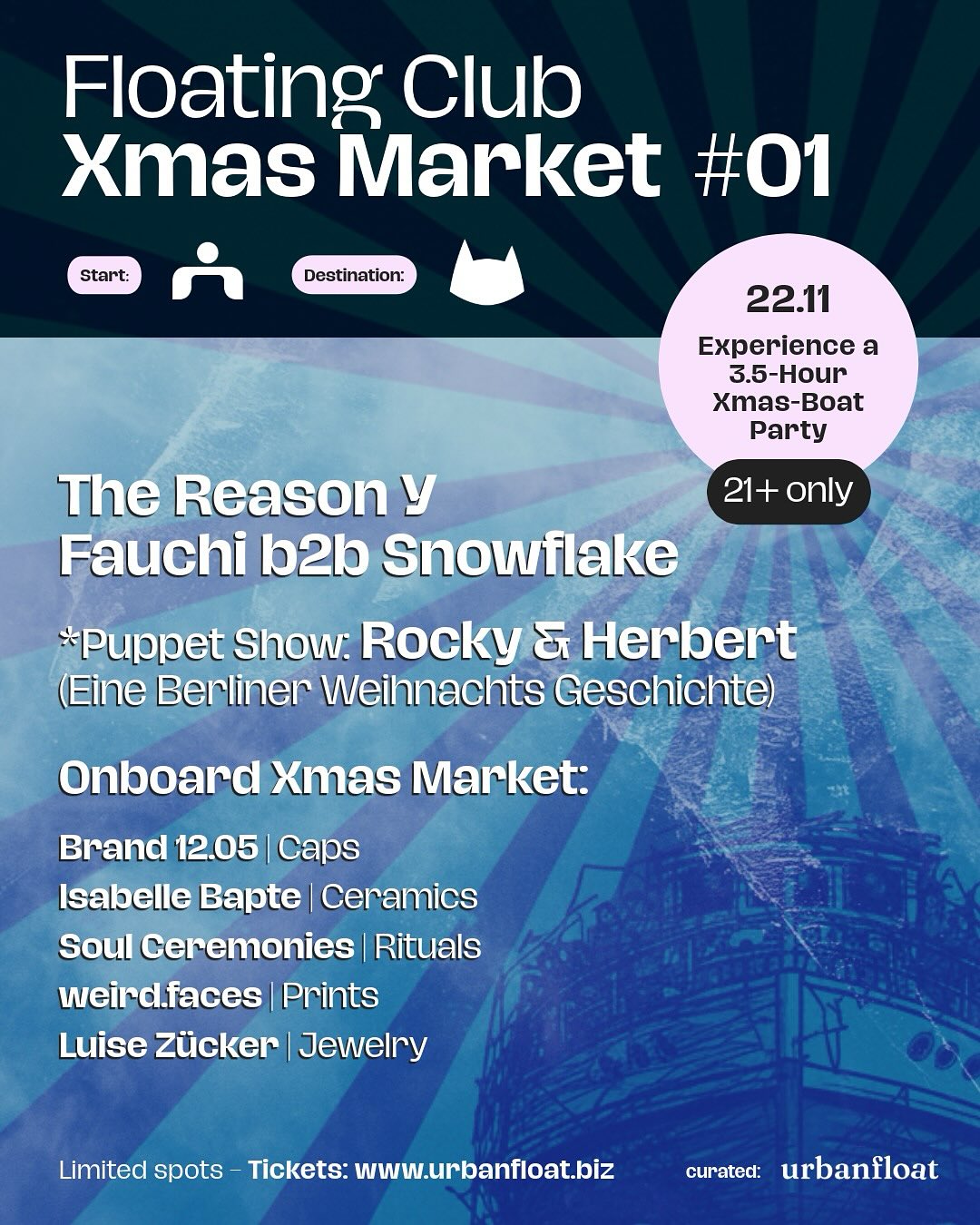 Get your spot now! On November 22, the first edition of the Floating Club Xmas Market hits the Spree in Berlin!
✨ Start: @sage_berlin_kreuzberg
✨ Destination: @kater.berlin
Enjoy 3.5 hours of boat party vibes, local artists & Xmas stalls, great music, and a crazy puppet show!
Grab your tickets now and discover Berlin’s most unusual Christmas market on water!