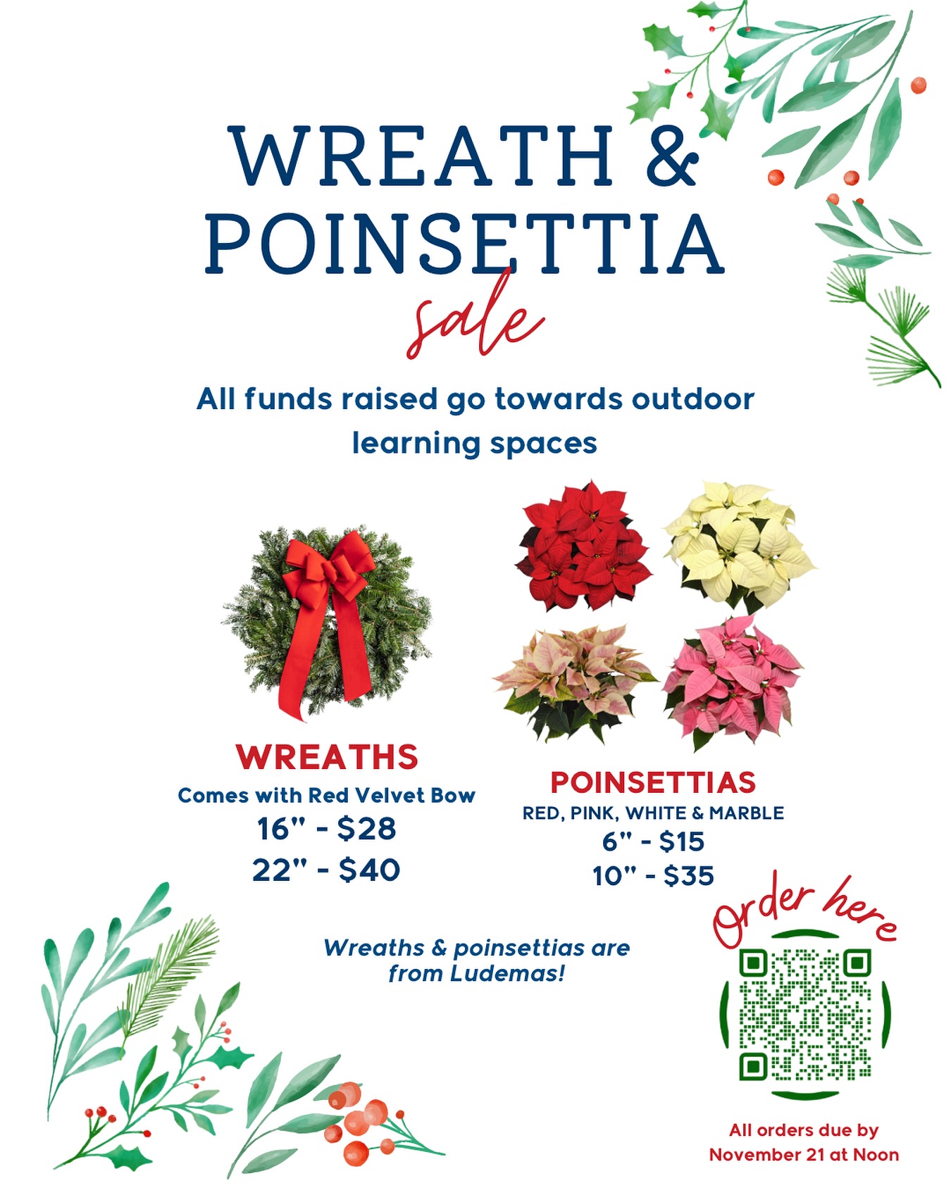 ✨ Deck the halls! ✨
Decorate for the holidays AND support our school at the same time with beautiful wreaths + poinsettias! 🎄❤️
Everything is fresh + festive From Ludemas- perfect for porches, doors, mantels, & gifting.
➡️ Link to order is in the comments! https://pci.jotform.com/form/252934981234160