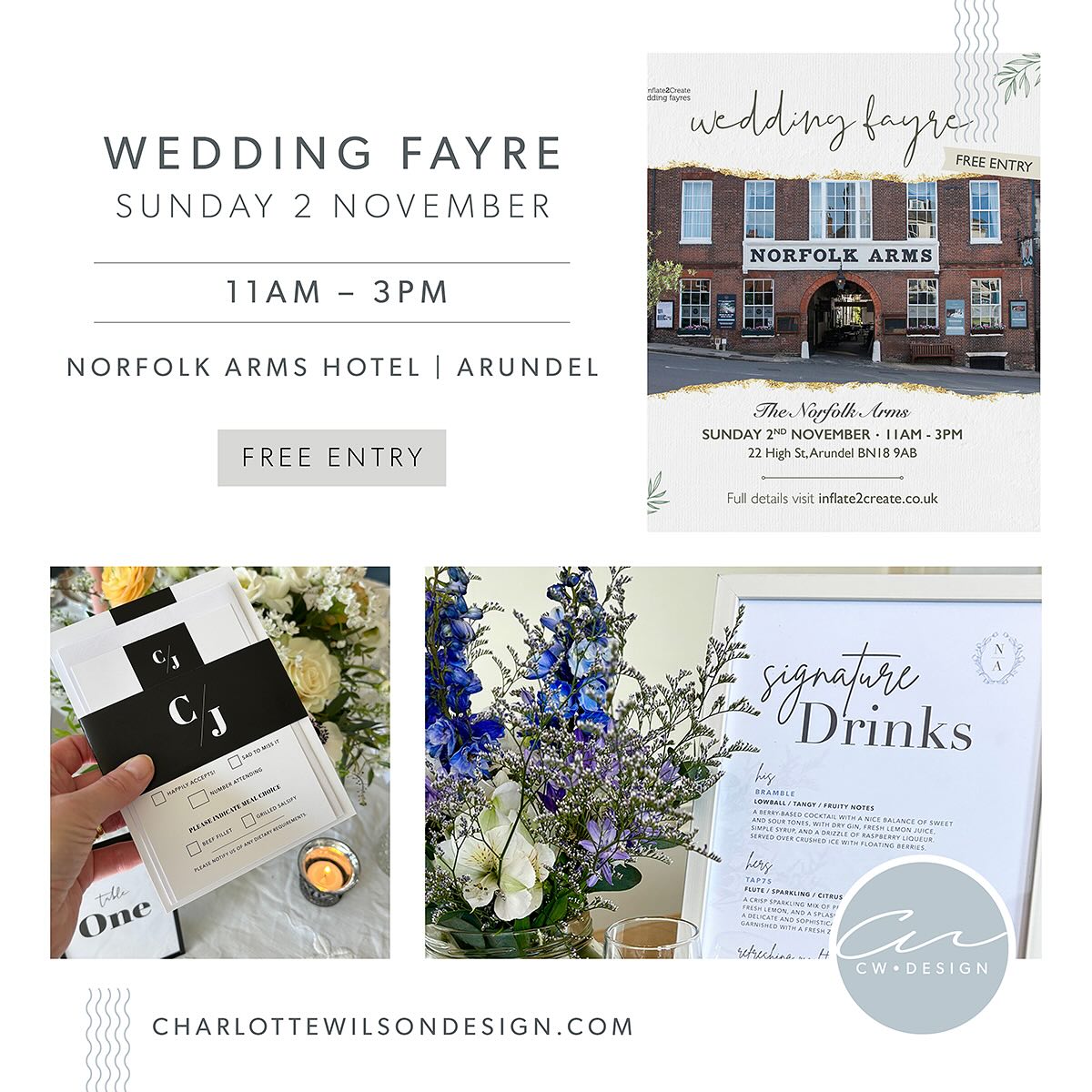 WHAT’S ON // Make the most of Sunday 2nd of November as we will be at two venues! The Norfolk Arms Hotel in Arundel and Ham Manor Golf Club, Angmering 💕.
It’s the perfect opportunity to have that first glimpse of the venue, meet an array of local suppliers, be inspired and stop to talk with us about your wedding stationery 💌.
#weddinginspiration #weddinginspo #weddingstationery #weddinginvites #weddingstationerydesign #weddingfair #arundel #iamcwdesign