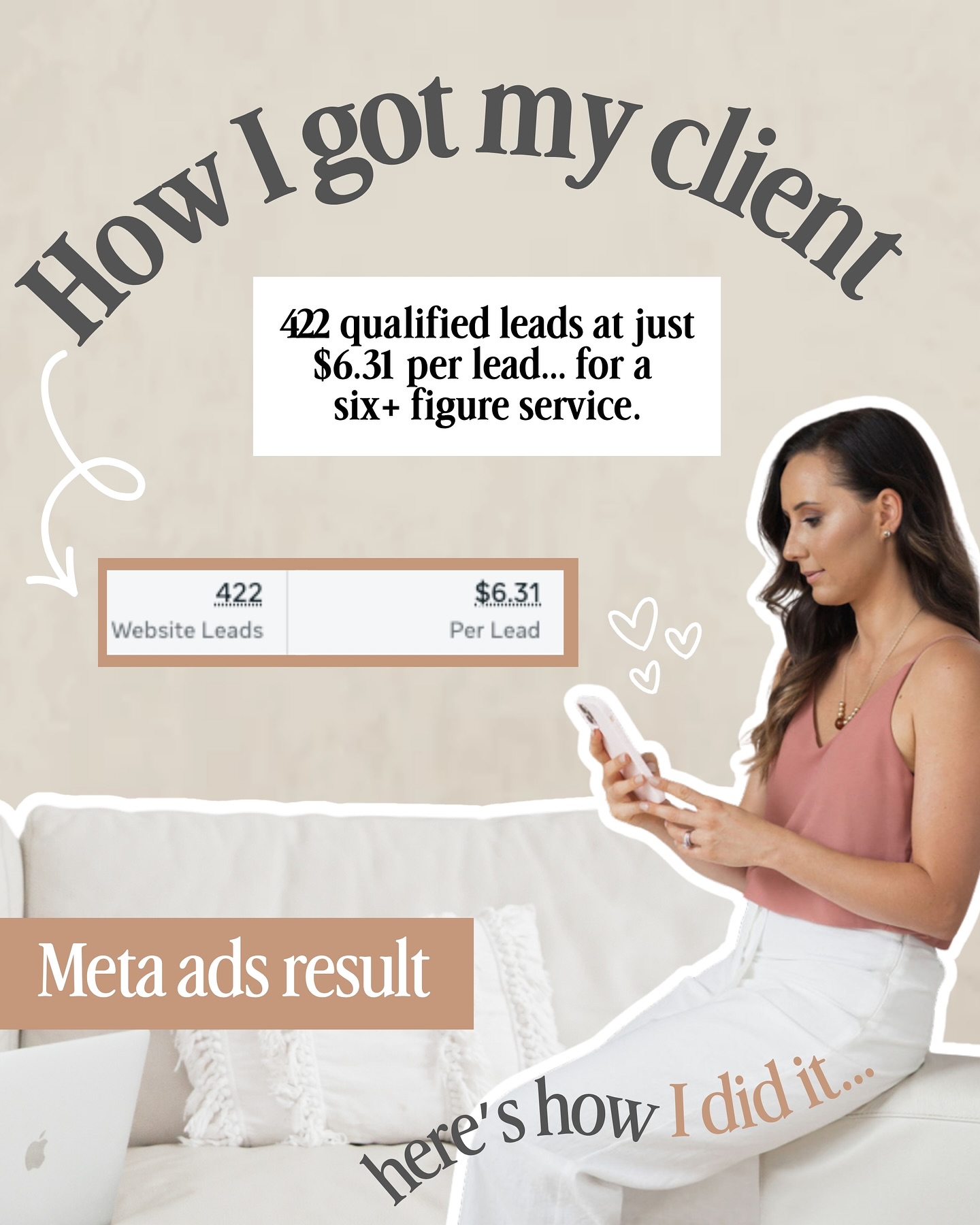 🫶 Client results | Meta Ads
No fancy funnel.
No big ad spend.
Just the right offer, message, and audience supported by consistent nurturing.
The goal wasn’t just leads.
It was connection, education, and positioning.
By transforming everyday FAQs into a high-value guide, we built trust, showcased results, and created a seamless journey from curiosity to conversion.
The takeaway?
When you lead with value and strategy, not hard selling — you attract the right people, build credibility and turn interest into action.
You don’t need a huge budget to get big results.
You just need a clear message, a smart strategy for the long game and the consistency to back it up.