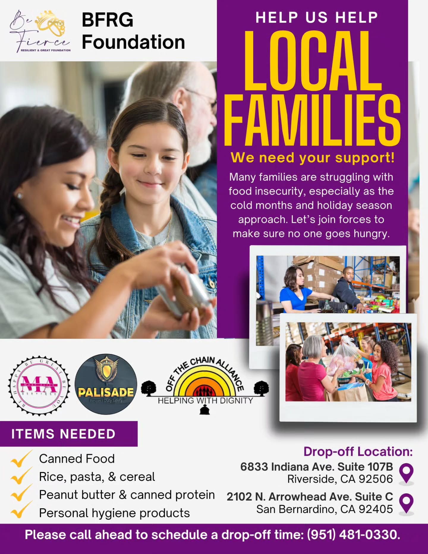 Let’s come together as a community to make a difference!
Many families are struggling to meet basic needs, especially during these difficult times. Your donations, big or small, can bring hope, warmth, and support to those who need it most. 💛
Together, we can make sure no one is left behind.
📞 Please call ahead to schedule your drop-off. Every act of kindness counts!
#CommunitySupport #TogetherWeCan #GiveBack #HelpingHands #DonateToday #NonprofitLove #SupportLocalFamilies #BFRGFoundation #MakeADifference #KindnessMatters #SpreadHope #DoGoodFeelGood #UnityInAction #HelpThoseInNeed