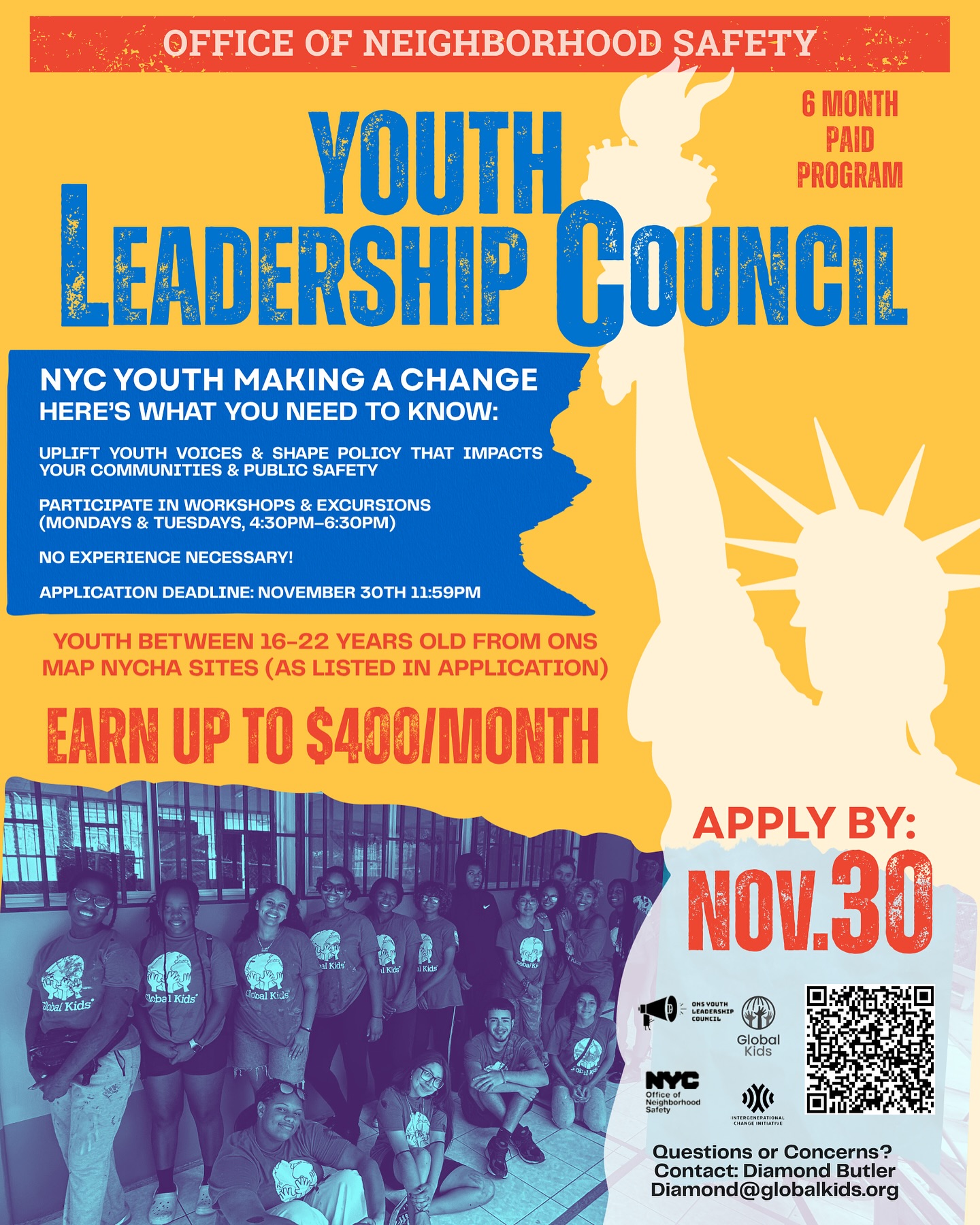 NYC youth, this is your time to lead. 💪
Join the Youth Leadership Council, a six-month paid program where young people like you help shape policies that impact your community and public safety.
You’ll take part in workshops and excursions on Mondays and Tuesdays from 4:30 to 6:30 PM, build leadership skills, and connect with youth from across the city. You’ll also have opportunities to share your ideas directly with community leaders and decision makers.
Earn up to $400 per month.
Open to youth ages 16–22 from ONS MAP NYCHA sites (listed in the application).
No experience needed—just your voice, your ideas, and your passion for change.
Applications are due November 30 at 11:59 PM.
Questions? Contact Diamond Butler at Diamond@globalkids.org
#YouthLeadership #GlobalKids #NYCYouth #CommunityChange #PaidOpportunity #YouthVoices