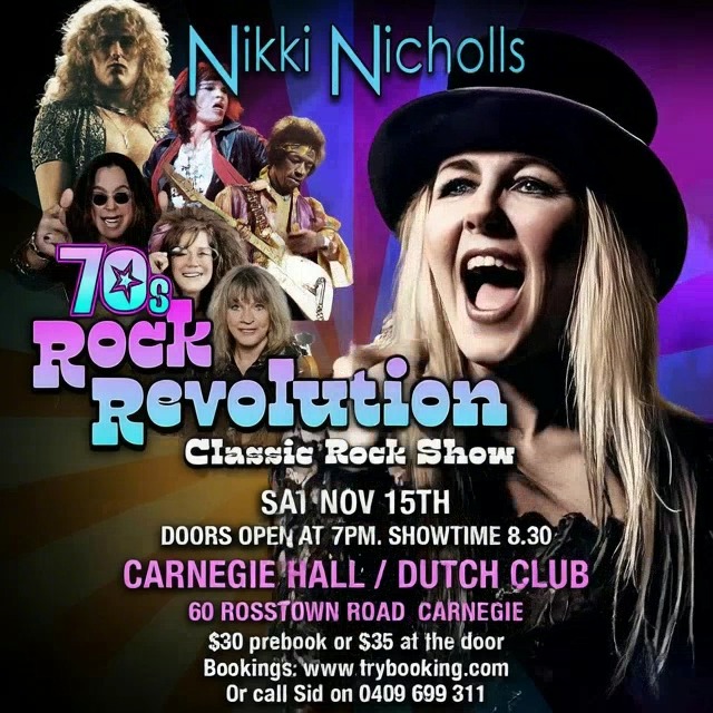 ? Imagine all the legends in one room
Led Zeppelin. Deep Purple. Jimi Hendrix. Suzi Quatro.
Now imagine their biggest hits performed live with serious power by Nikki Nicholls and her all-star band ??
? 70s Rock Revolution
? Carnegie Hall / Dutch Club, 60 Rosstown Rd
?️ Sat Nov 16
⏰ Doors 7PM, Show 8:30PM
?️ $30 online / $35 at the door
? Link in bio to book
#70sRockRevolution #NikkiNicholls #LiveMusicMelbourne #SuziQuatro #LedZeppelin #DeepPurple #JimiHendrix #ClassicRockTribute #MelbourneGigs #CarnegieEvents #RockAndRollVibes