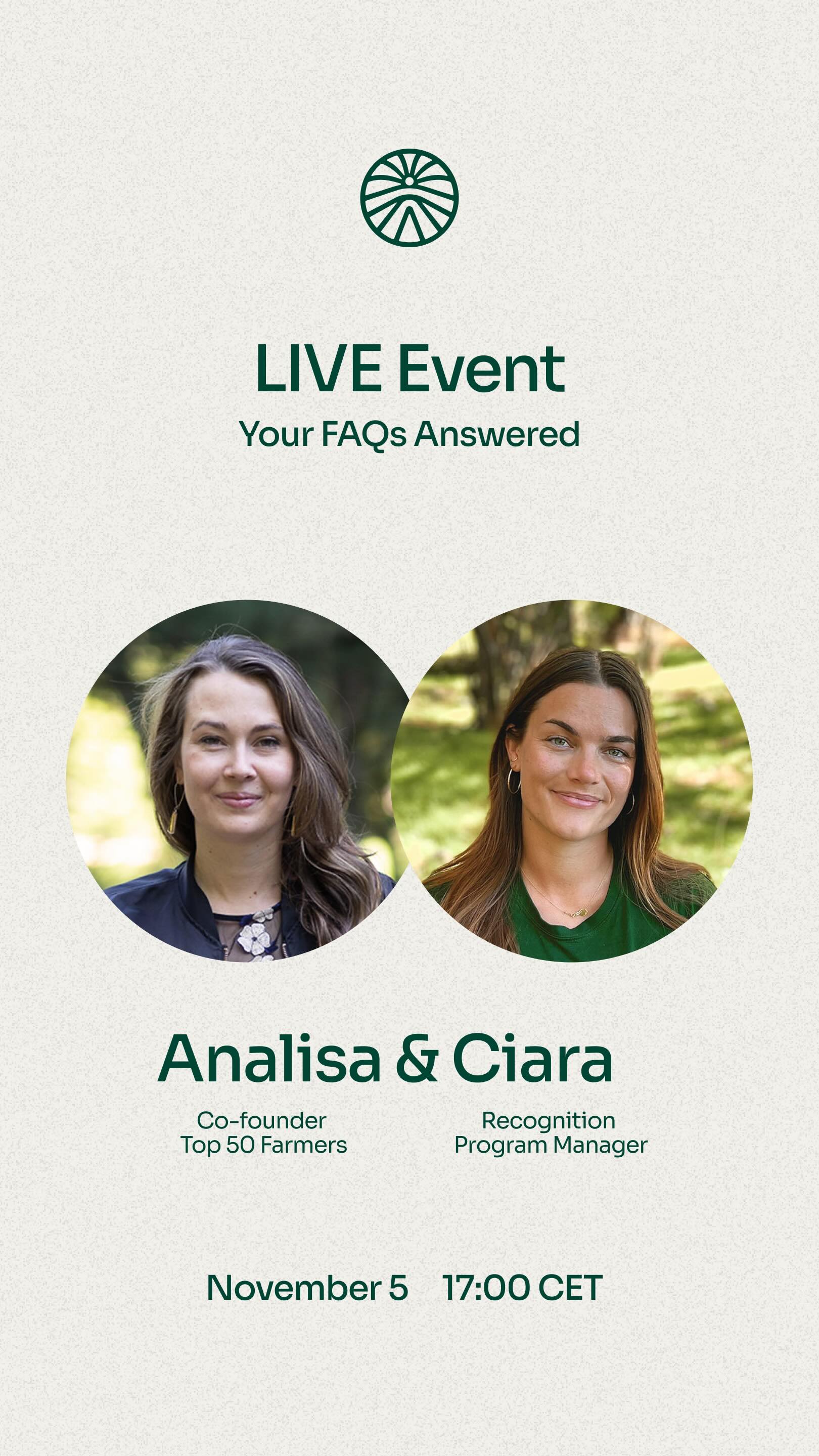 Got questions about @top50farmers?
Join our Co-Founder @analisa.winther in conversation with Top 50 Farmers Program Manager Ciara Whittaker to answer all of your most frequently asked questions about the program, selection, and application process.
If you still have doubts, drop a comment below with your question.
We are standing by to support 💚
Deadline to apply for Top 50 Farmers is November 23 at 23:59 or when we receive 150 applications. We encourage you to submit early!
We can’t wait to meet you!